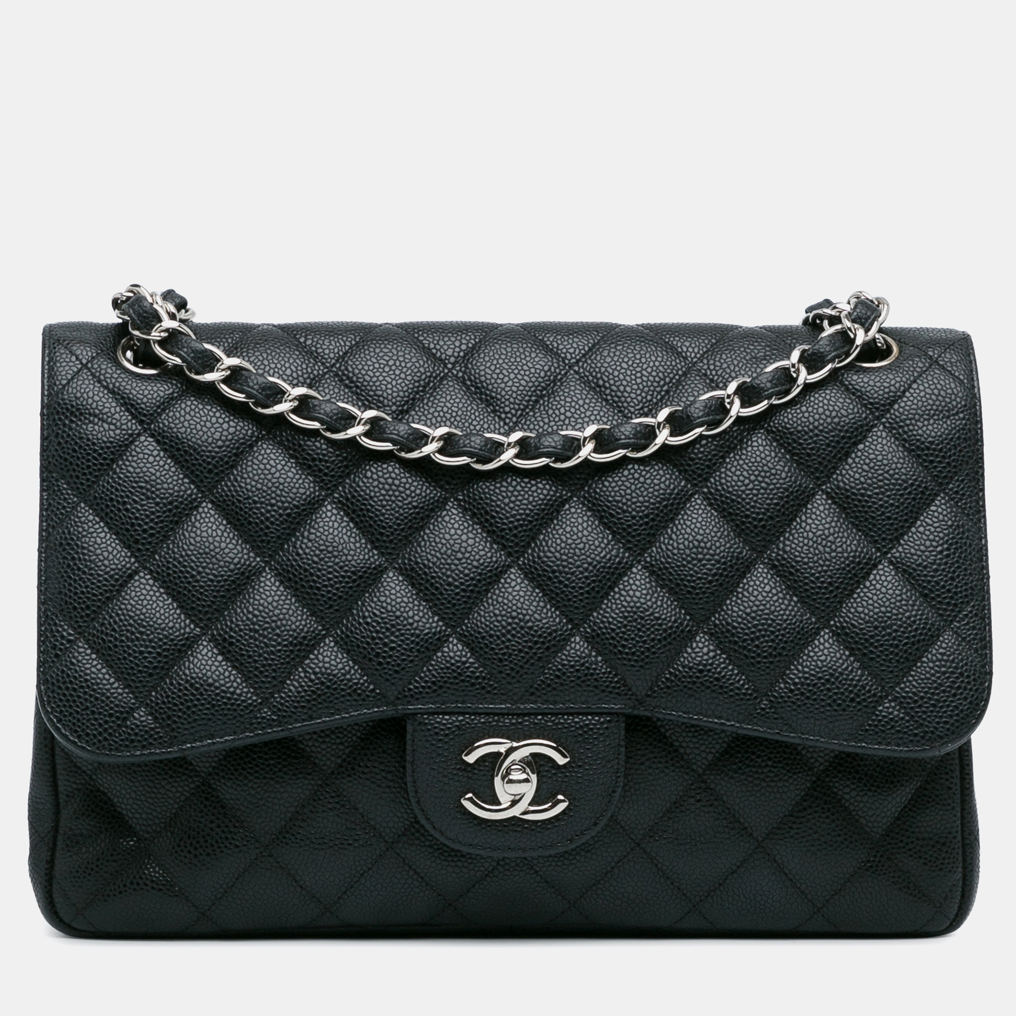 Pre-owned Chanel Jumbo Classic Caviar Double Flap Bag In Black