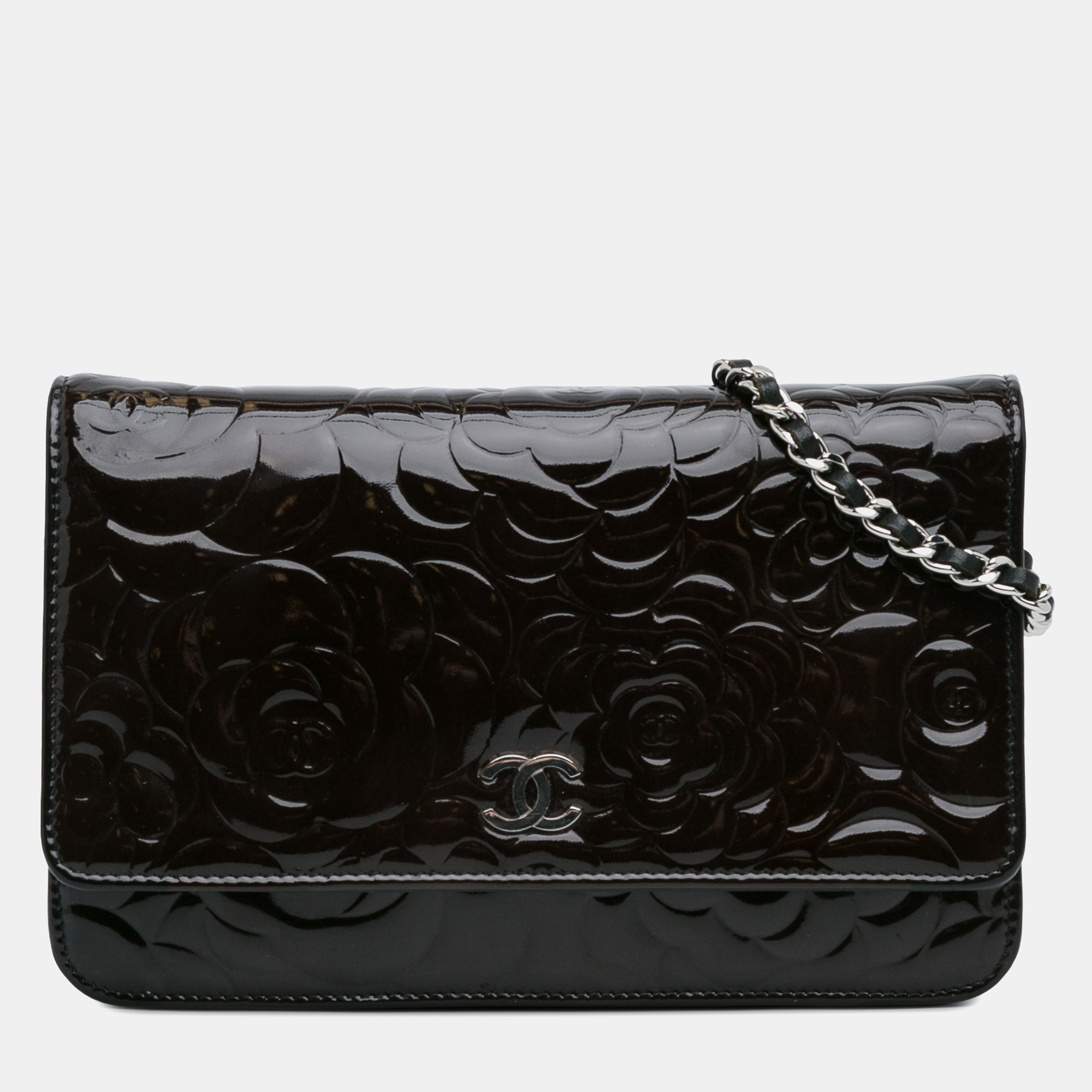 Pre-owned Chanel Patent Camellia Wallet On Chain In Black