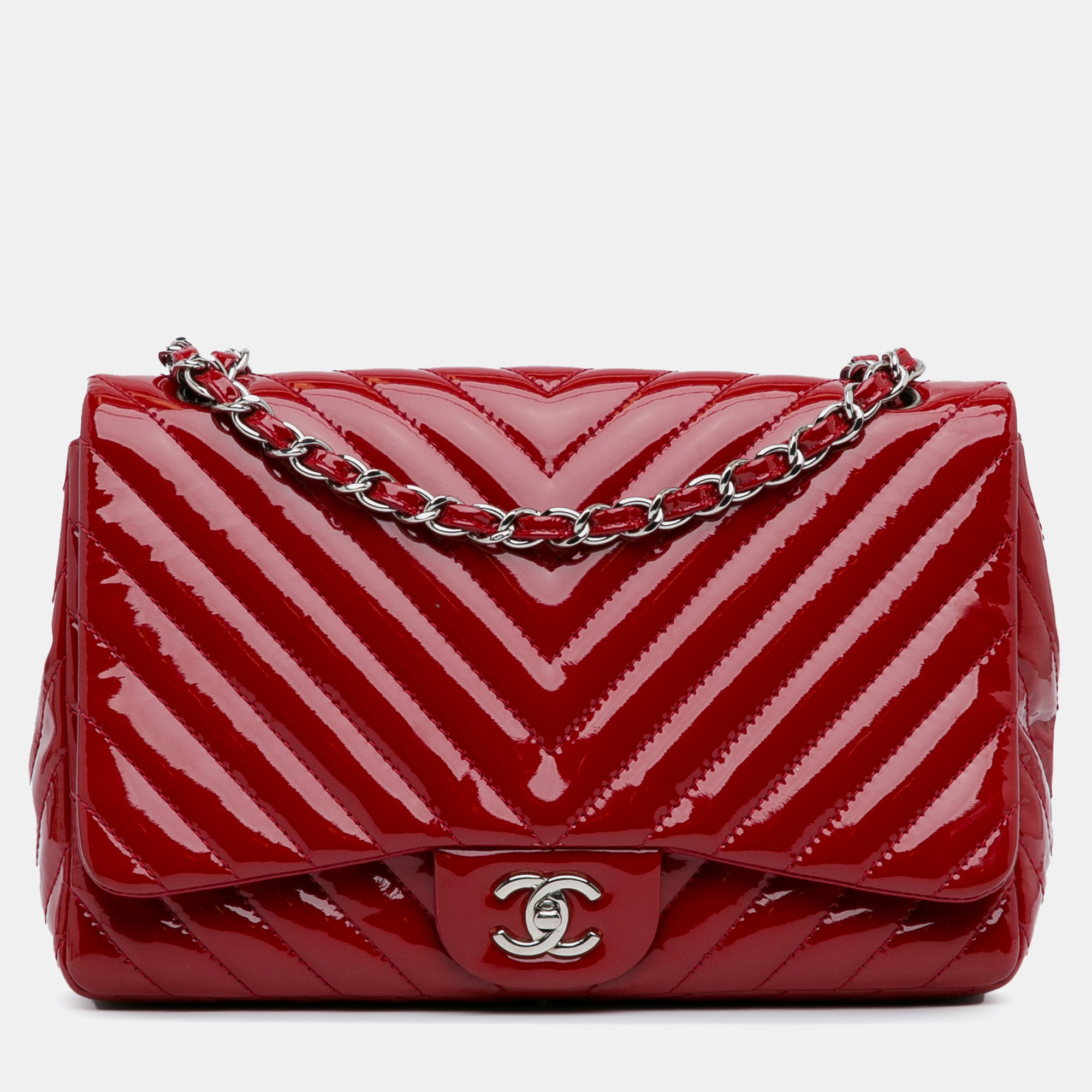 

Chanel Jumbo Chevron Patent Single Flap Bag, Red