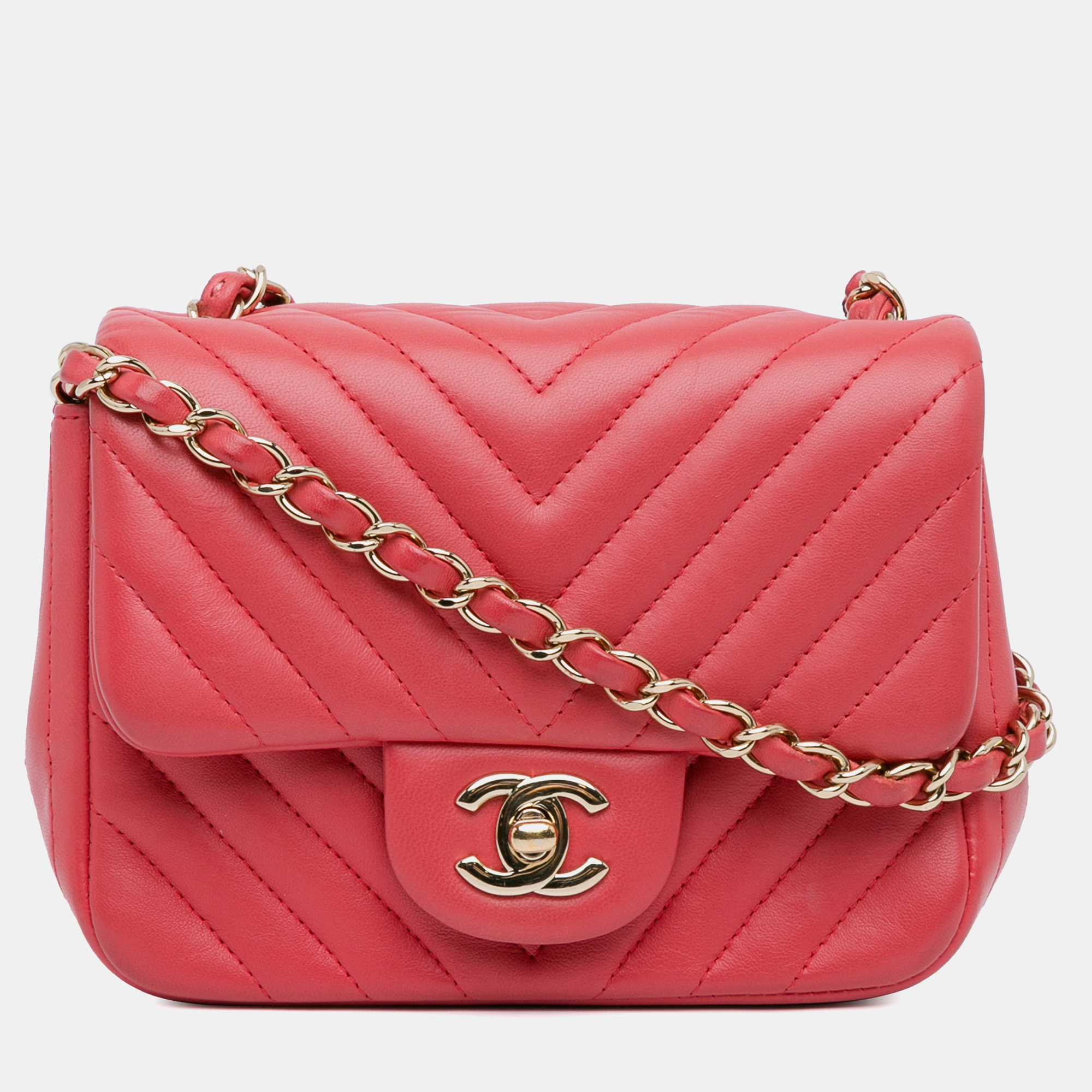 

Chanel Pink Lambskin Chevron Quilted Mini Square Flap Bag, Red