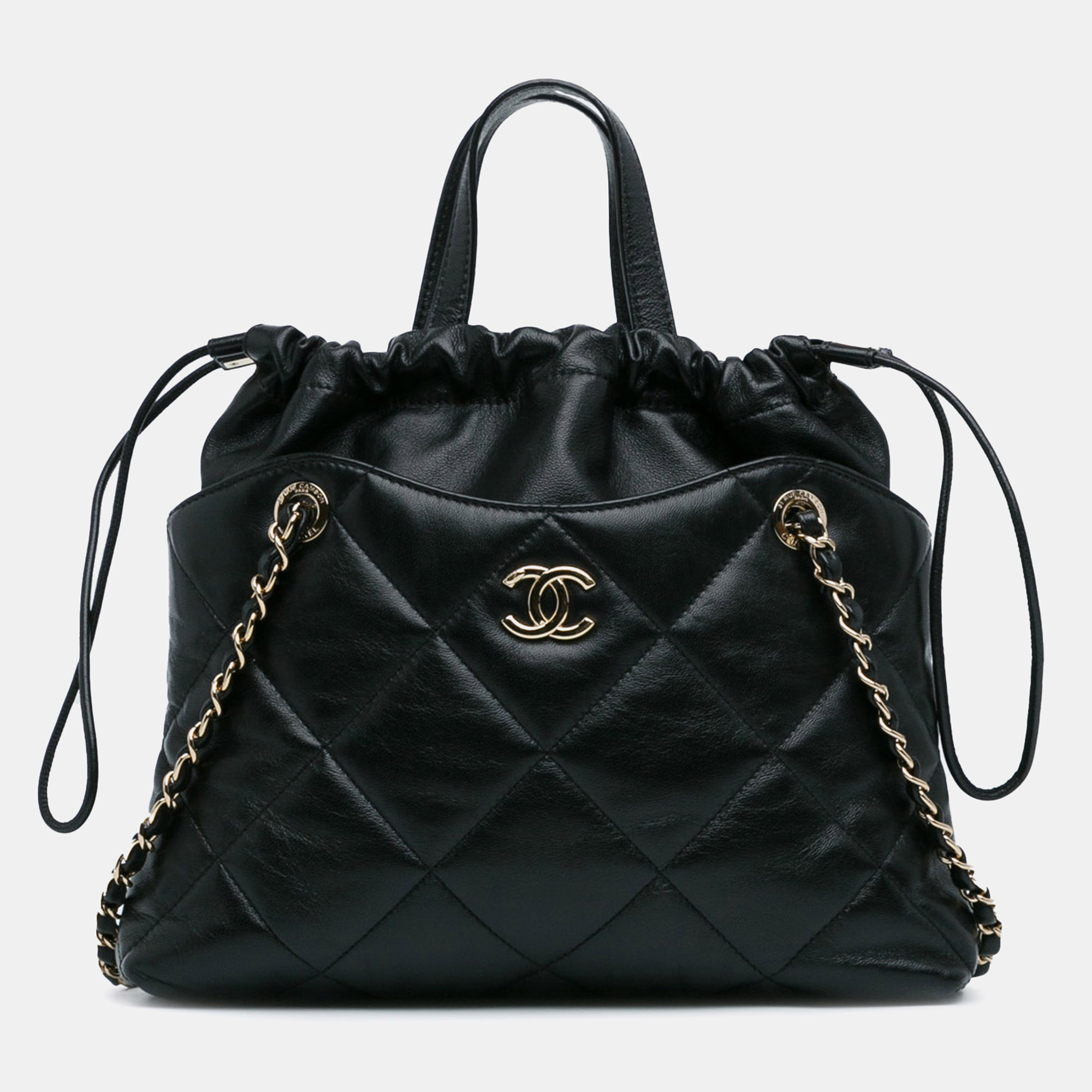 

Chanel Small CC Quilted Lambskin Drawstring Shopping Tote, Black