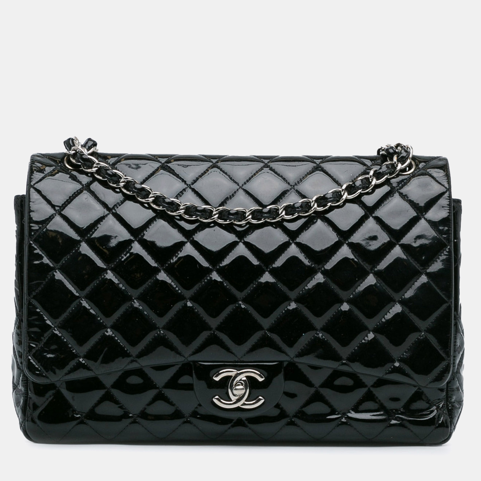 

Chanel Patent Leather Classic Double Flap Maxi Bag, Black