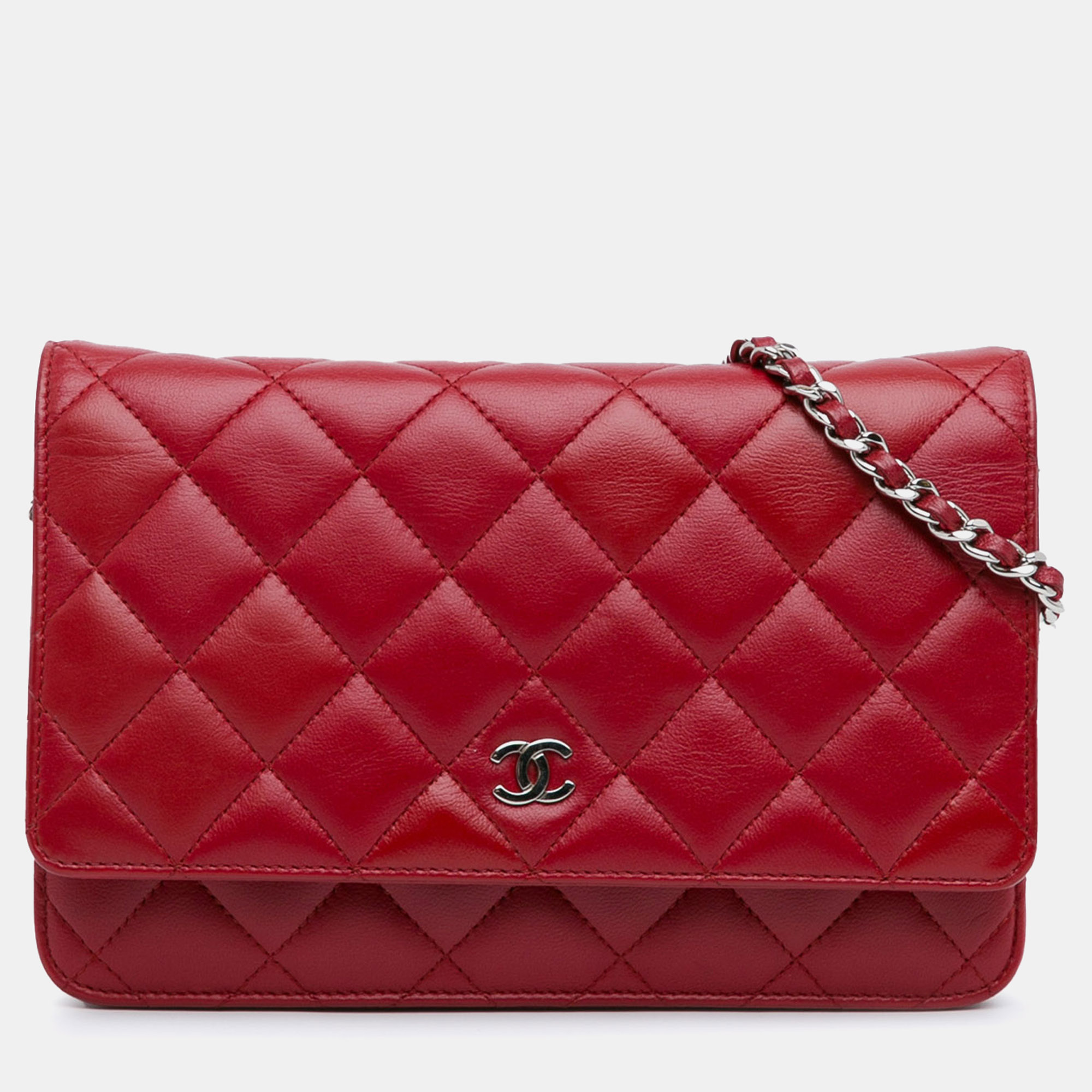 Pre-owned Chanel Classic Lambskin Wallet On Chain In Red