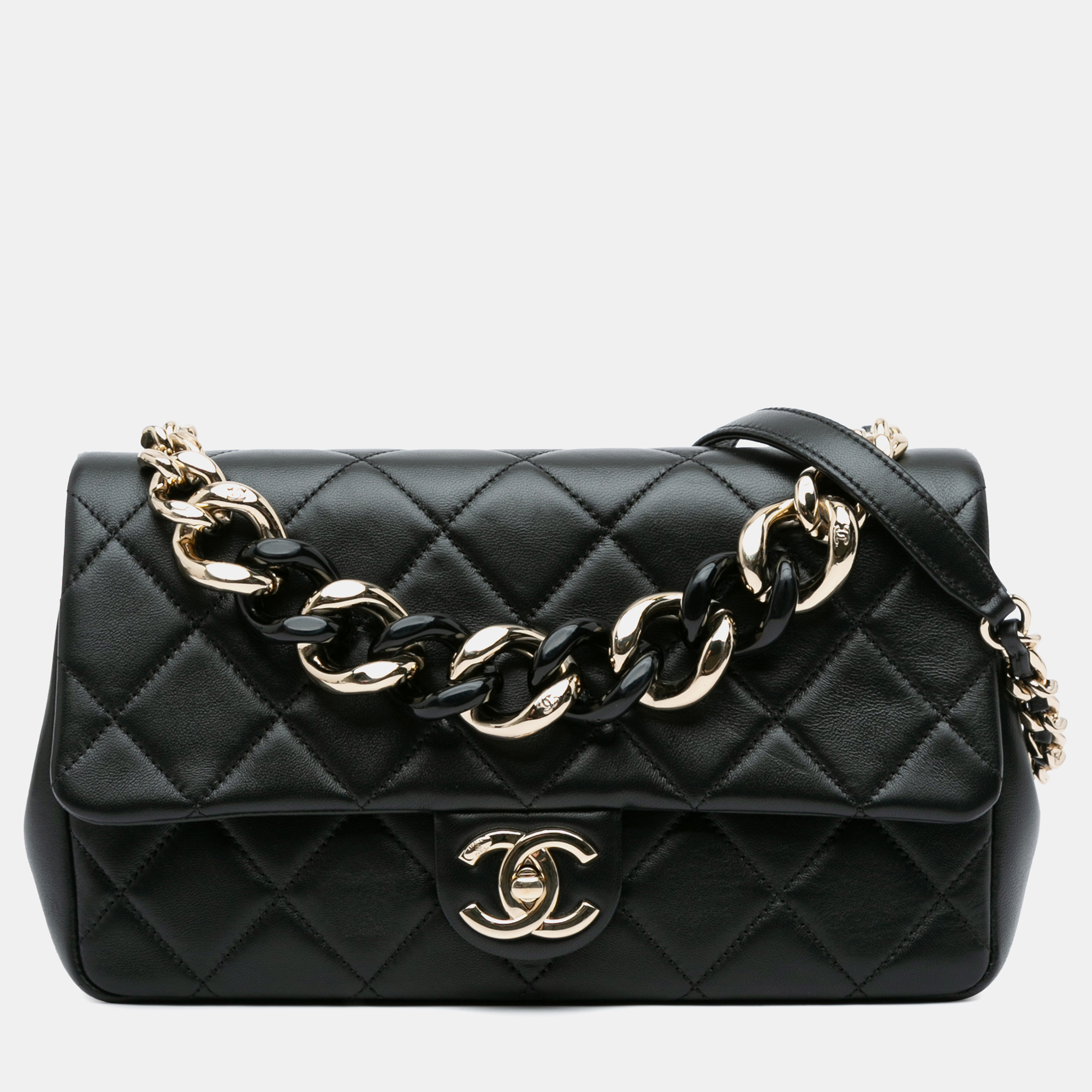 Pre-owned Chanel Medium Lambskin Elegant Chain Single Flap In Black