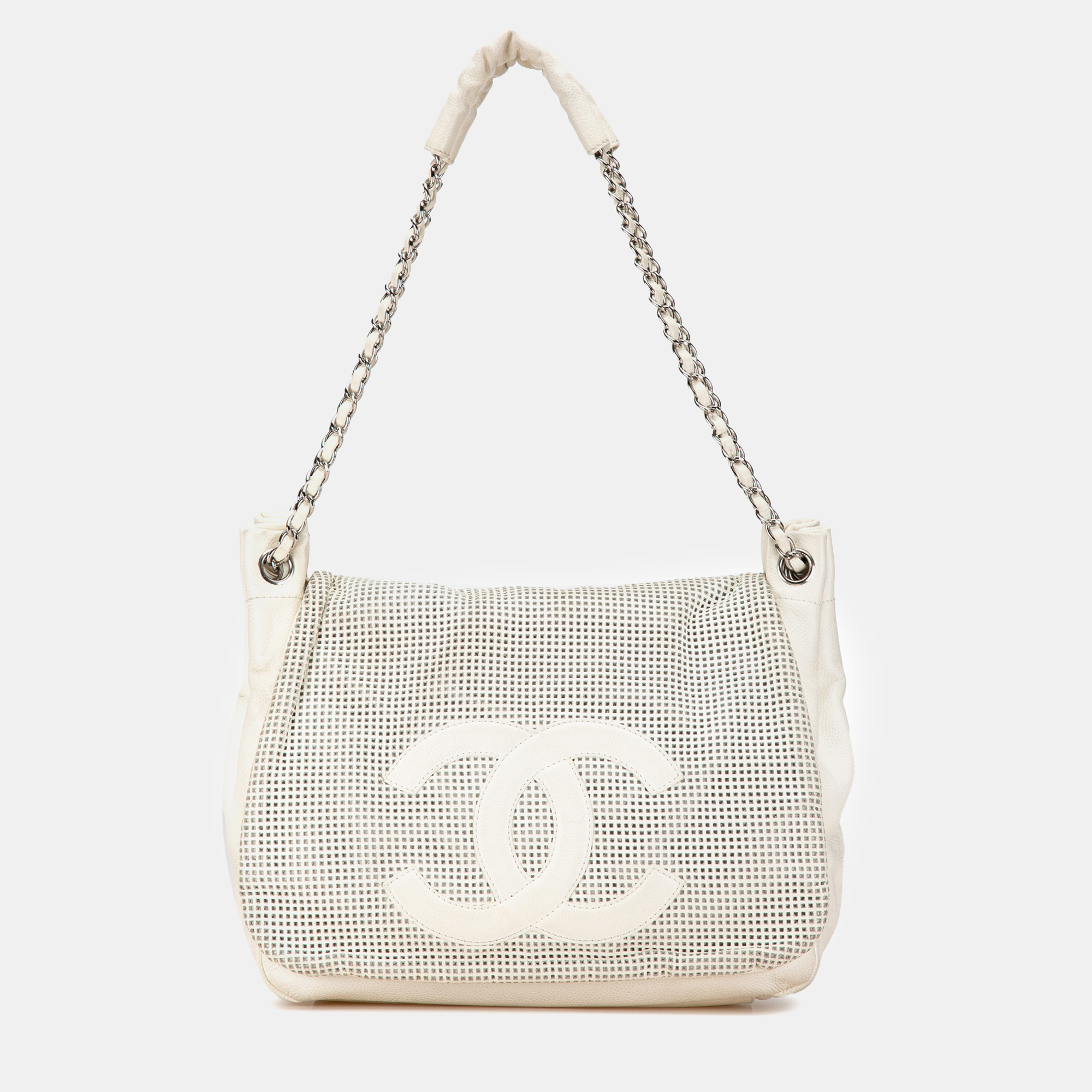 Pre-owned Chanel Caviar Perforated Hollywood Accordion Flap Bag In Cream