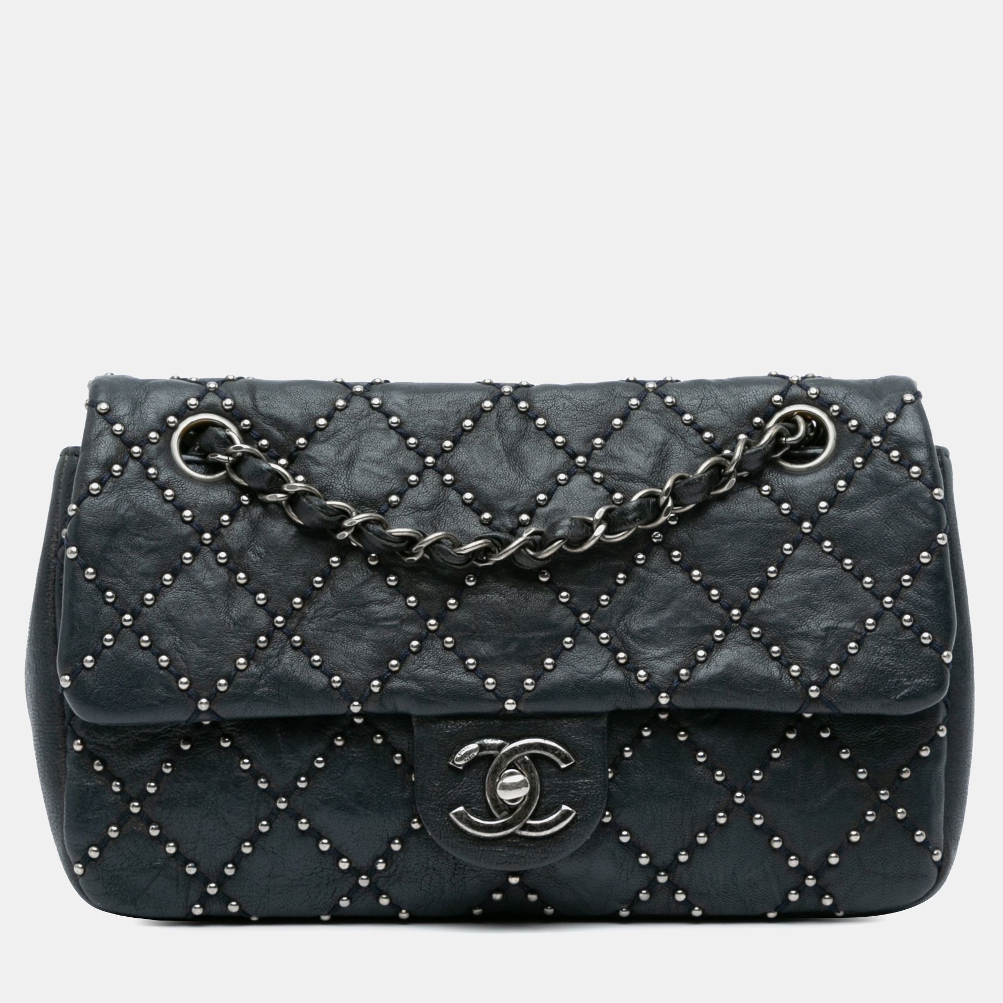 Pre-owned Chanel Washed Lambskin Studded Metal Beauty Flap In Black