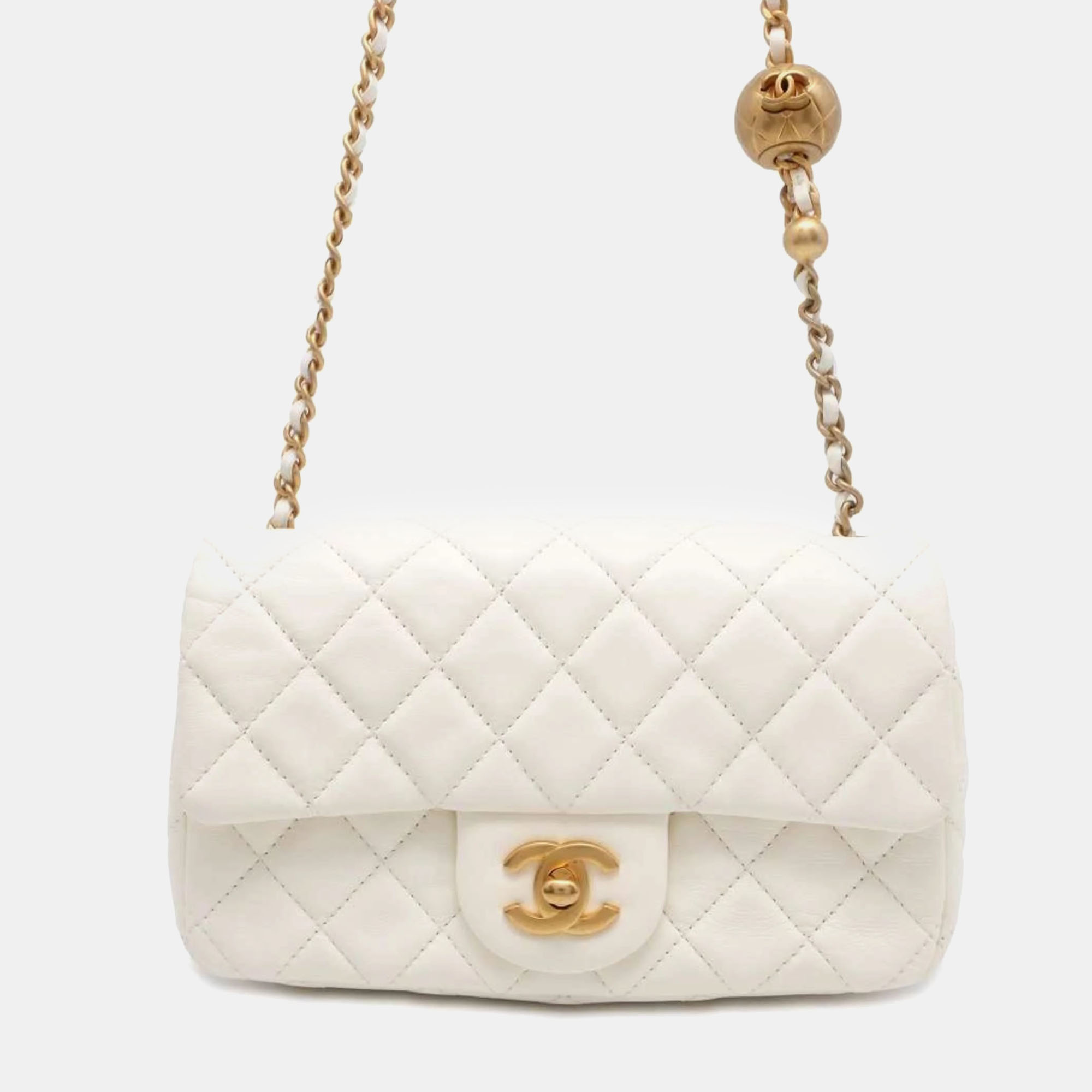 

Chanel White Lambskin Leather Pearl Crush Mini Rectangular Flap Bag