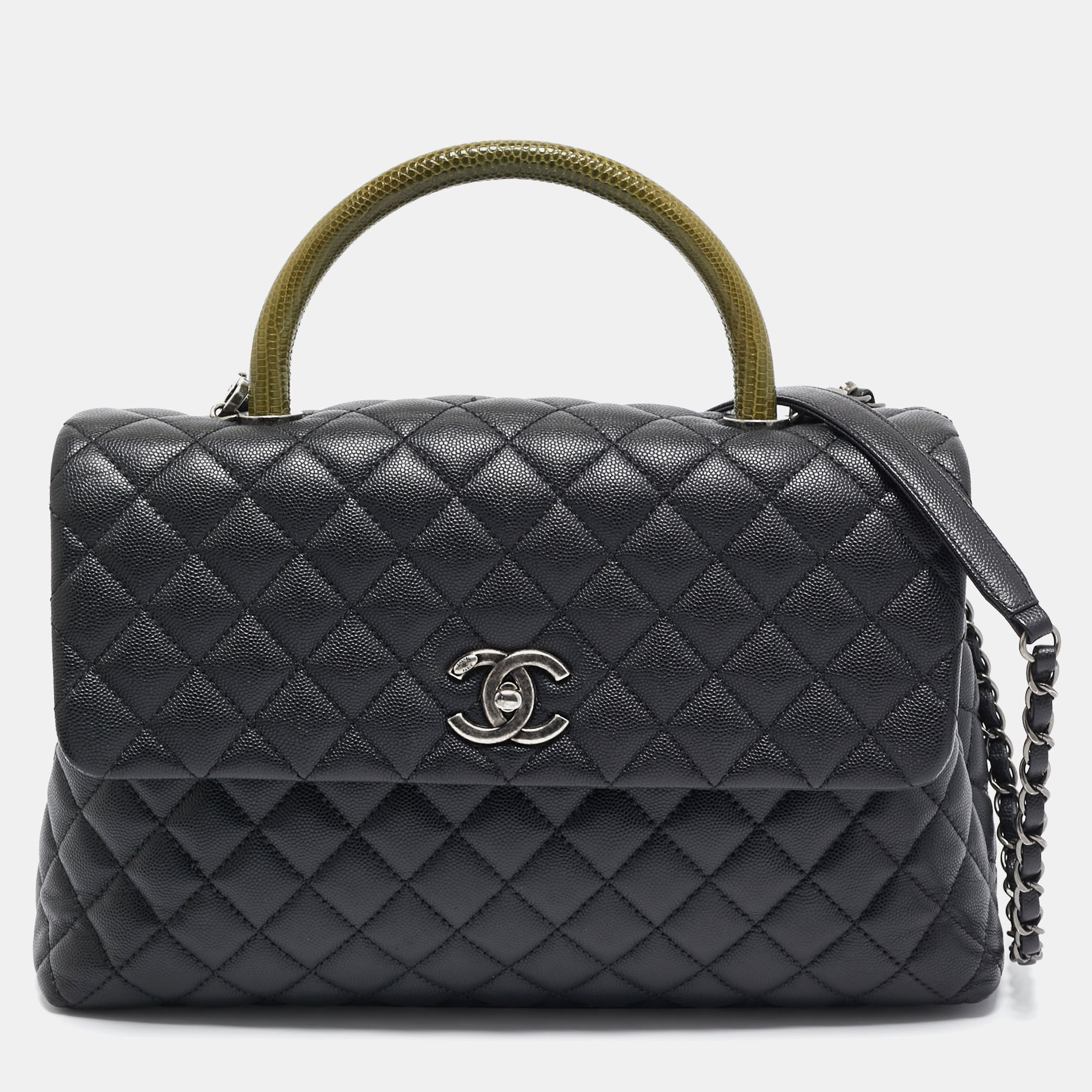 

Chanel Black/Green Quilted Caviar Leather and Lizard Large Coco Top Handle Bag