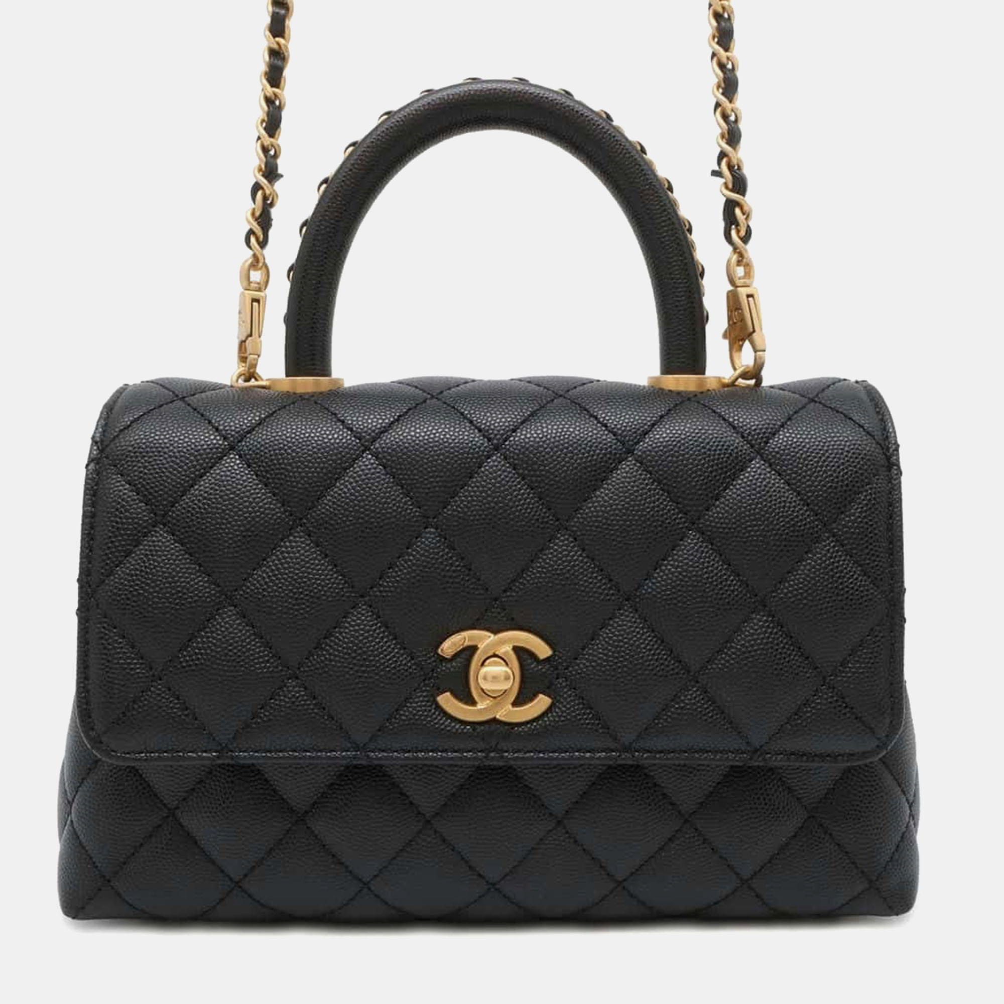 

Chanel Black Caviar Leather Matelasse Coco Handle Handbag Size