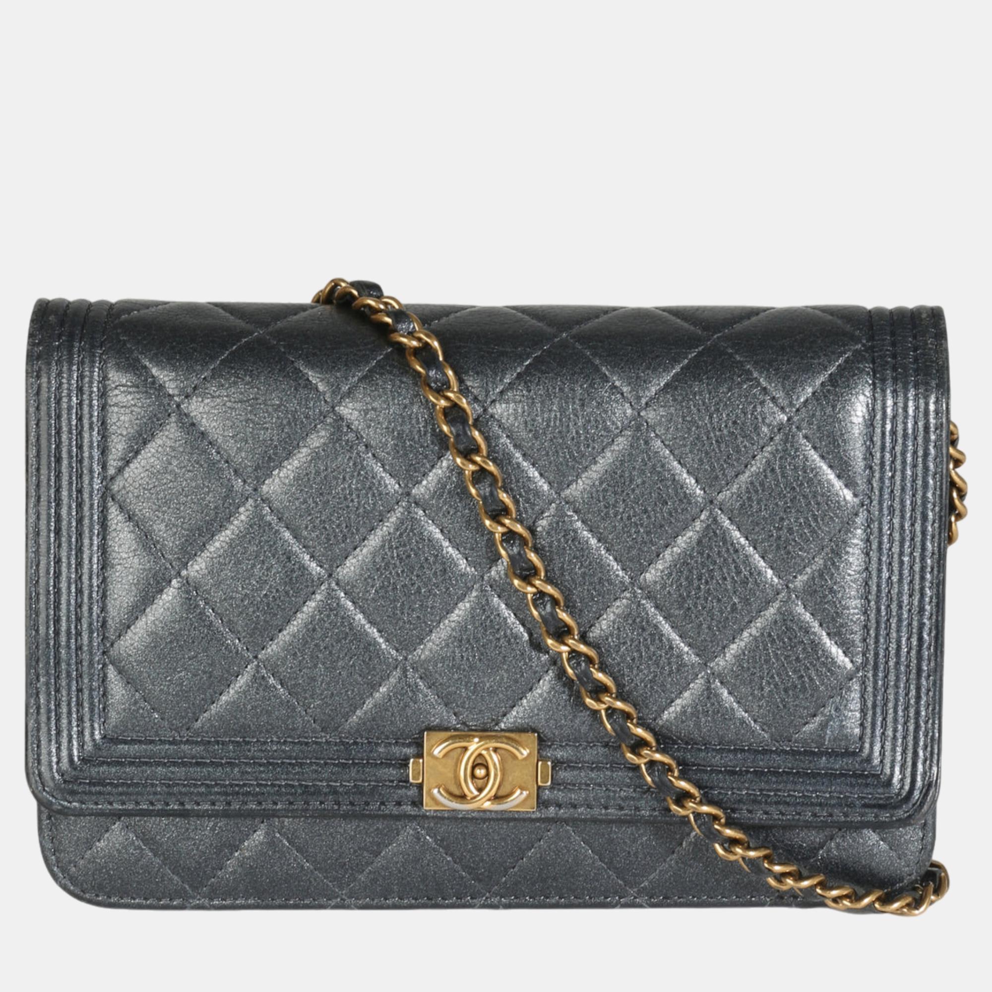 

Chanel Gunmetal Quilted Lambskin Boy Wallet On Chain, Black