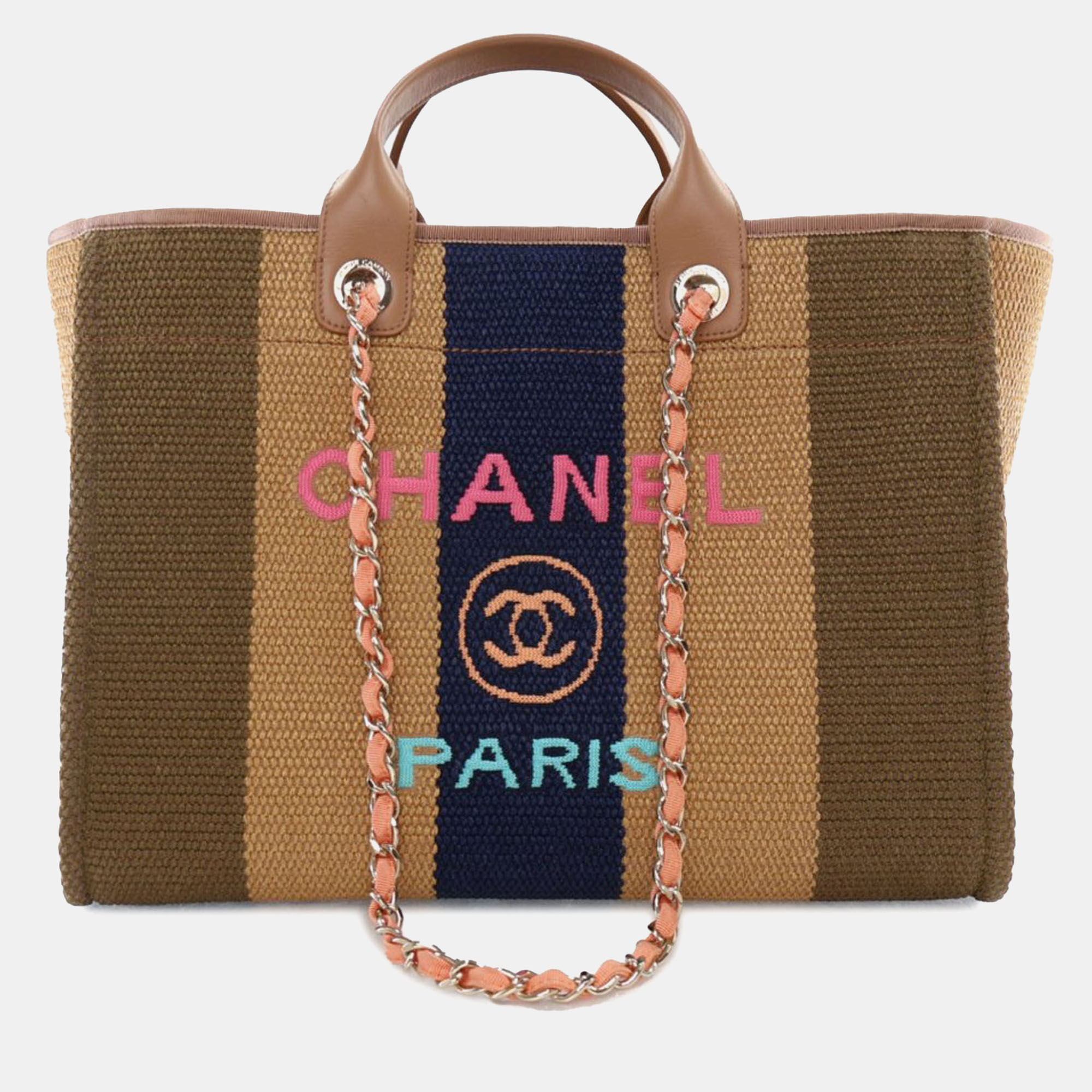 

Chanel Large Striped Straw Raffia Deauville Tote, Brown