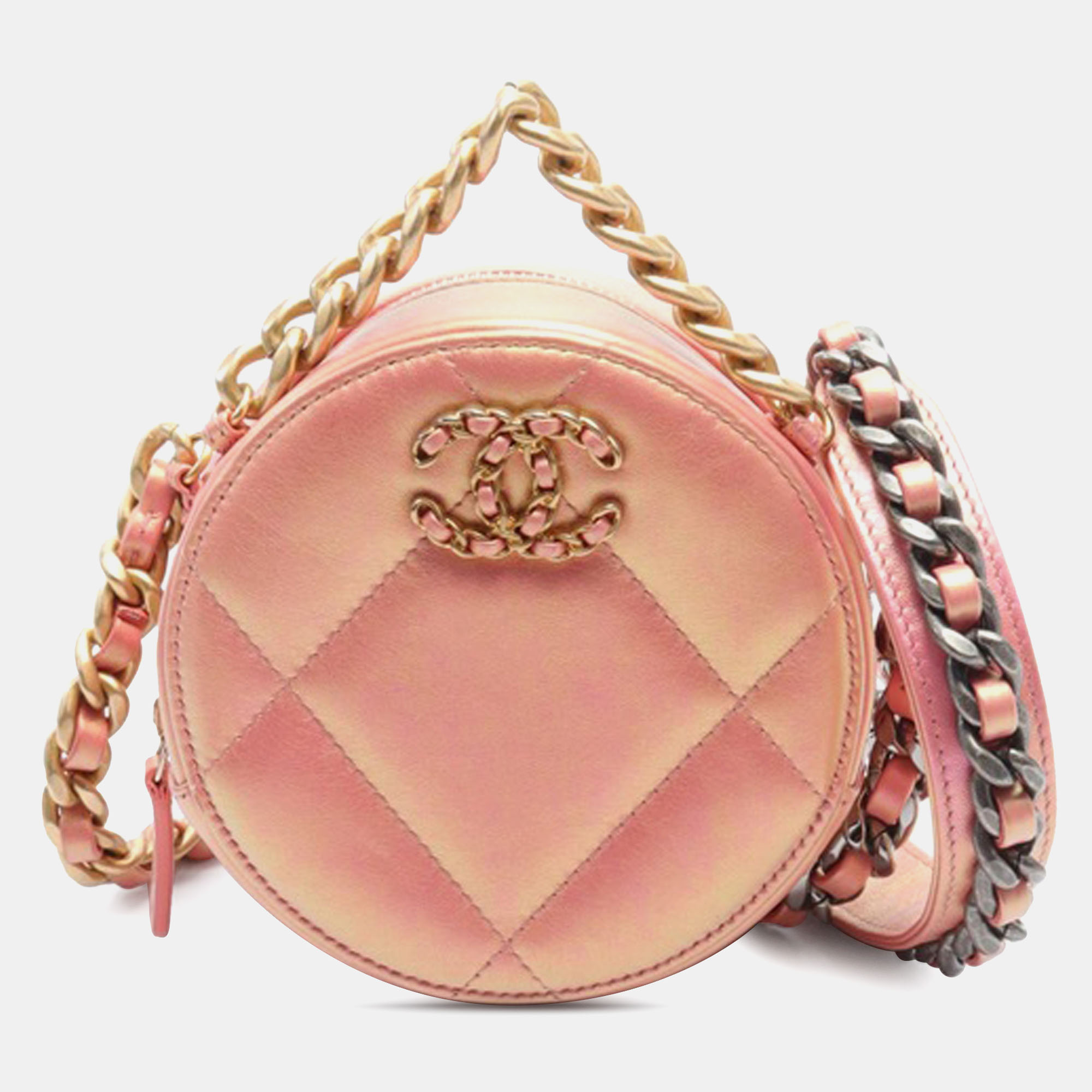 Pre-owned Chanel Iridescent Lambskin 19 Round Clutch With Chain In Pink