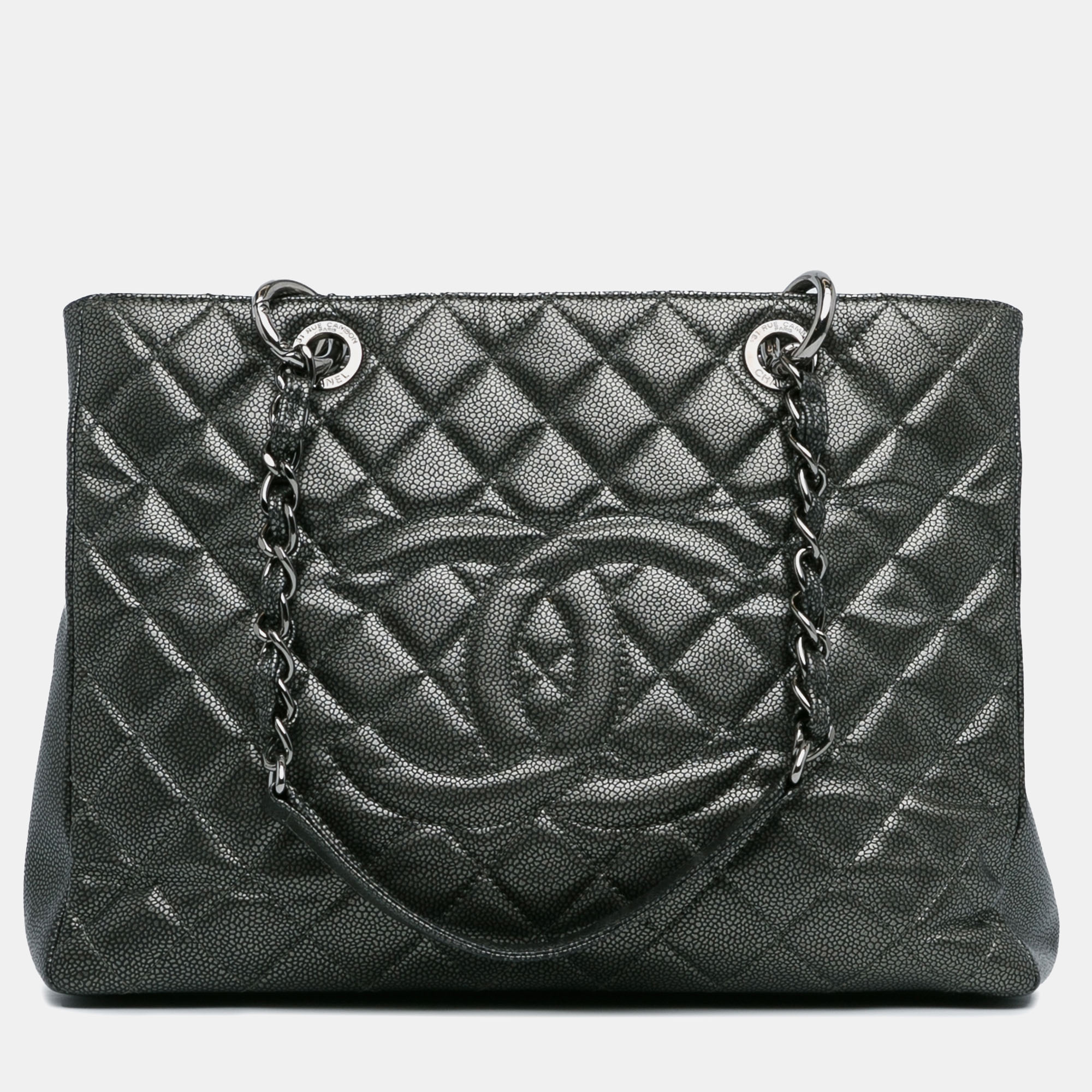 

Chanel Metallic Caviar Grand Shopping Tote, Grey