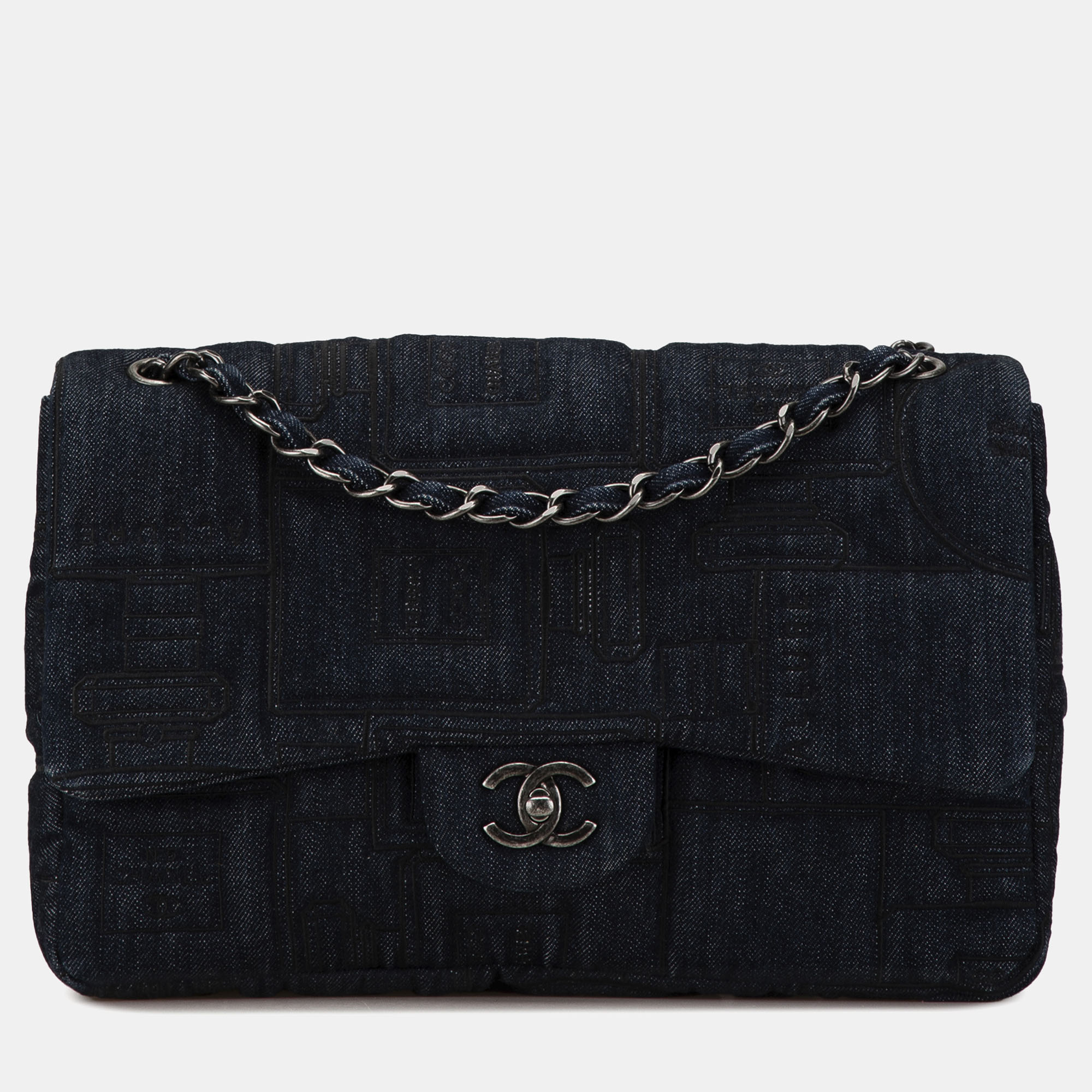 

Chanel Jumbo Embroidered Denim Perfume Bottle Single Flap Bag, Navy blue