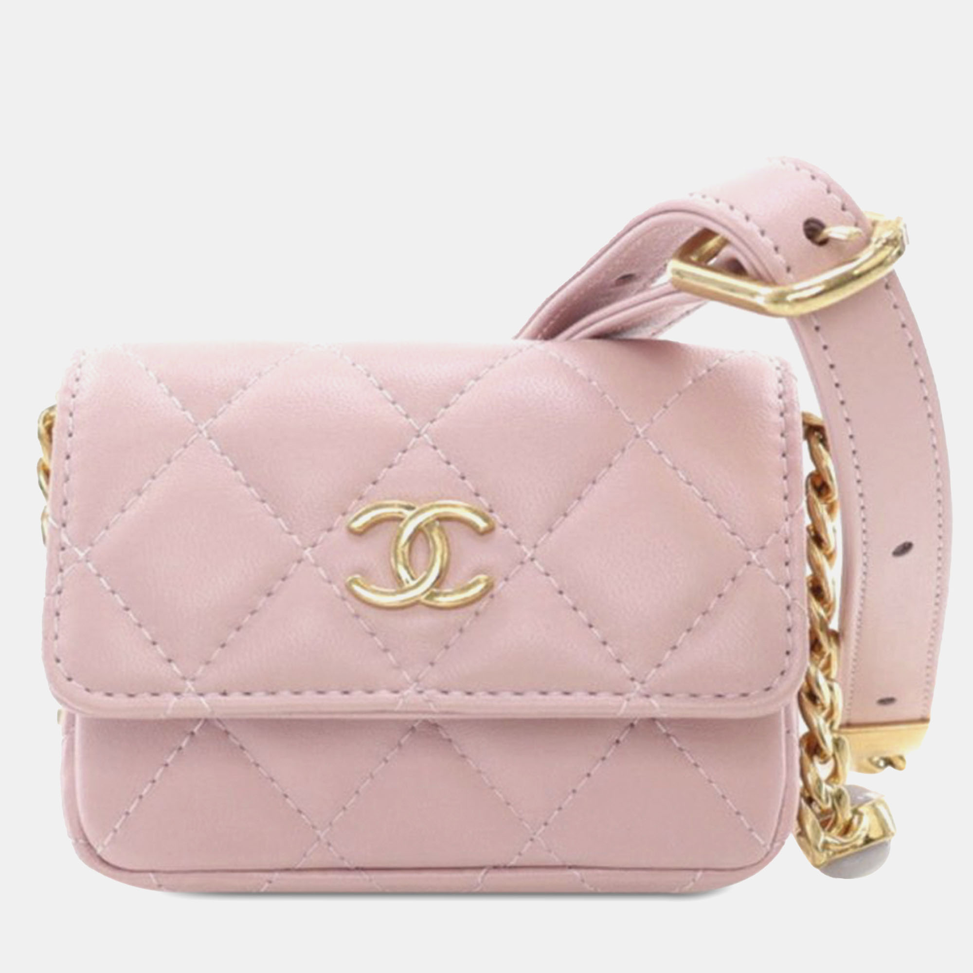 Pre-owned Chanel Quilted Lambskin Card Holder On Chain In Pink