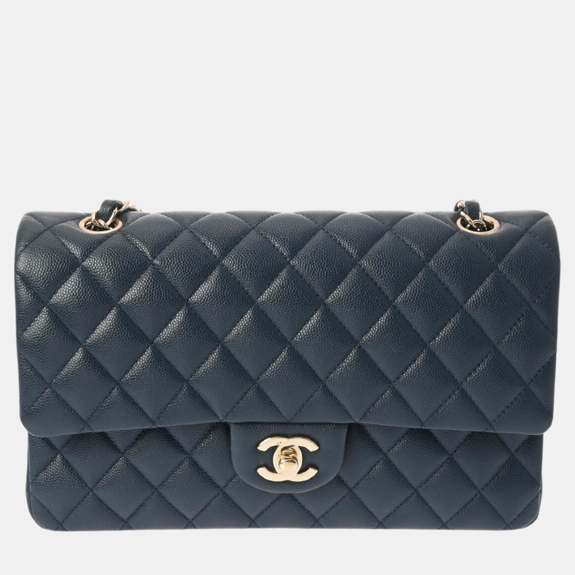 Pre-owned Chanel Navy Caviar Skin Matelasse Chain Shoulder Double Flap 25cm Bag In Navy Blue