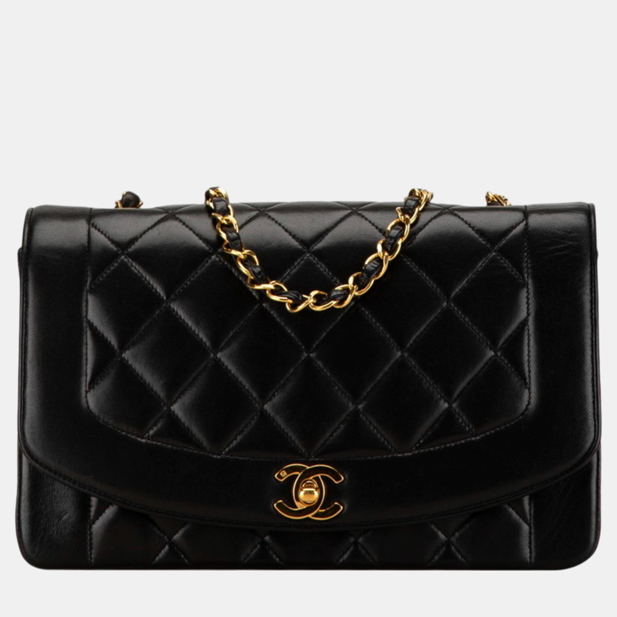 

Chanel Black Gold Lambskin Diana 25 Coco Mark Chain Shoulder Bag