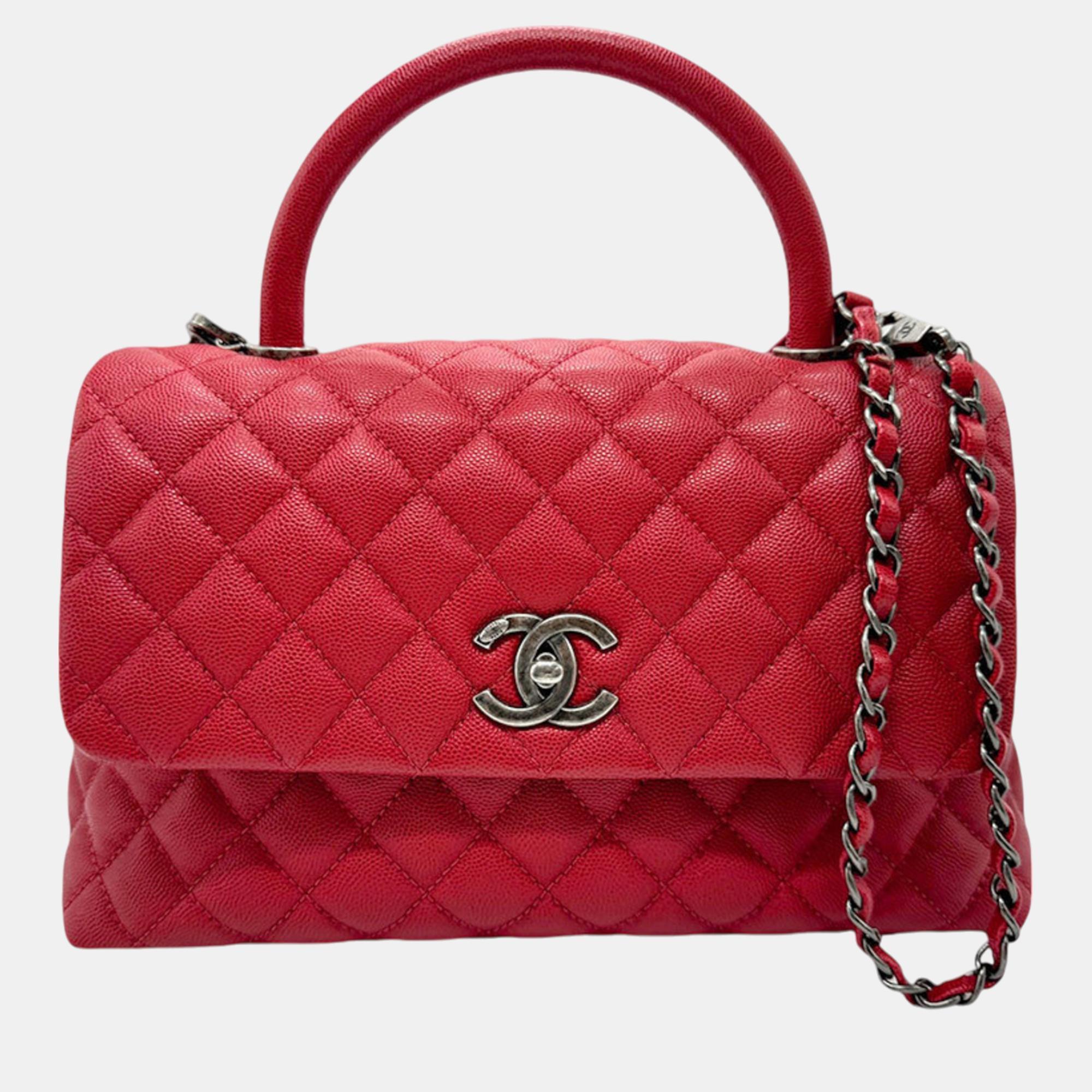 

Chanel Red Gunmetal Caviar Skin Leather Coco Handle 29 Handbag