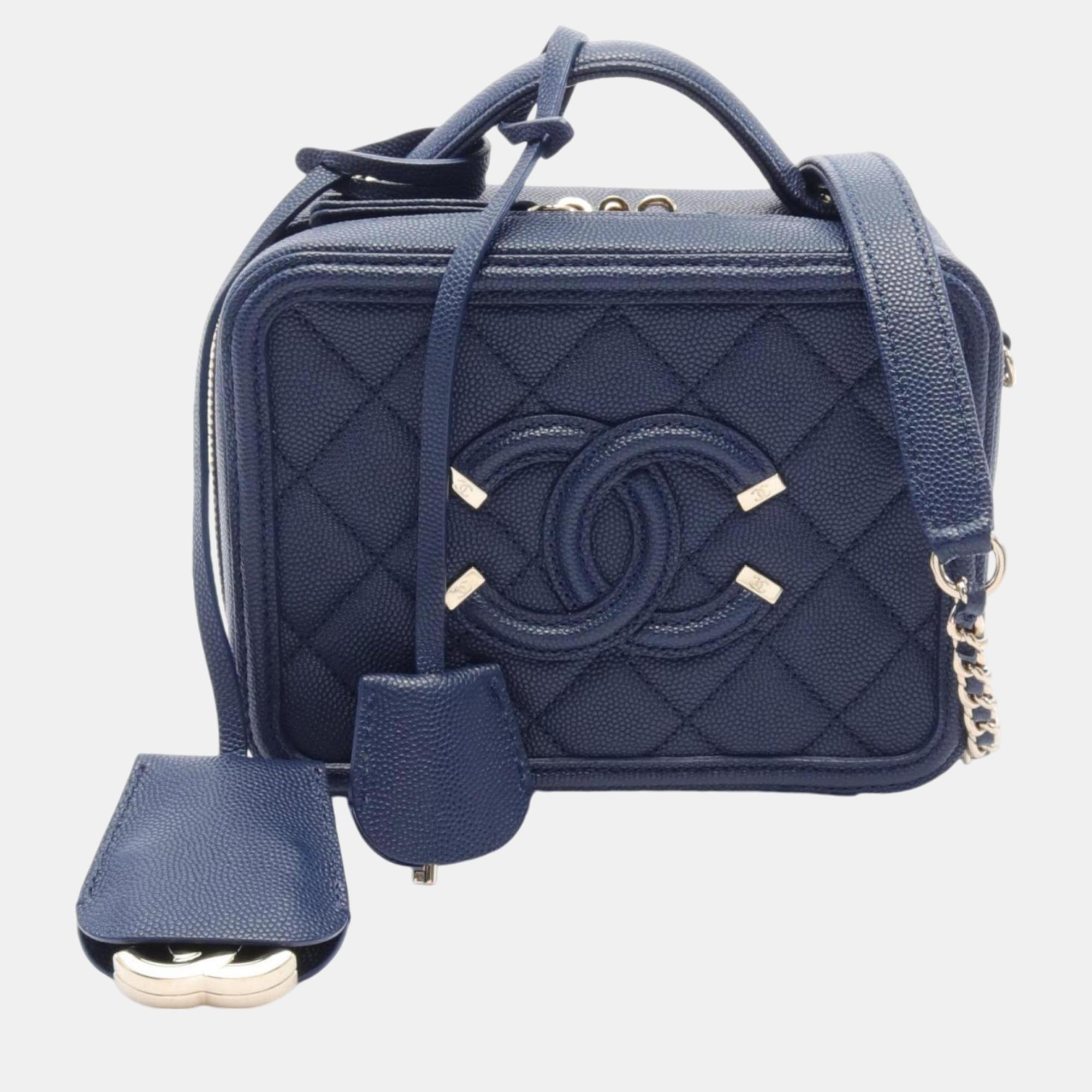 

Chanel Navy Caviar Skin (Grained Calf) CC Filigree Matelasse Vanity Shoulder Bag, Navy blue