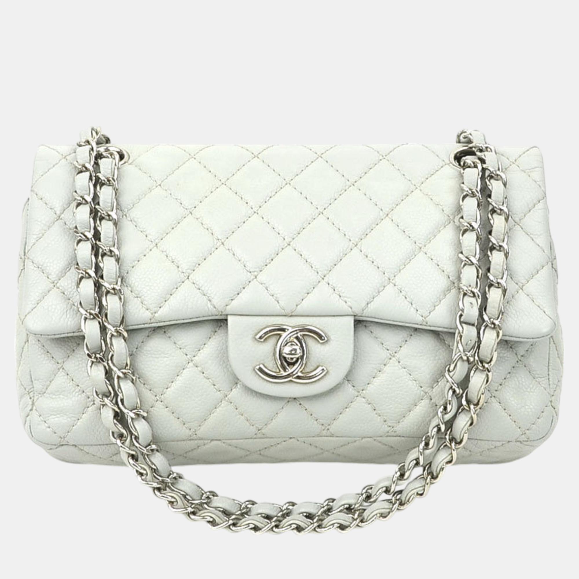 

Chanel Light Blue Gray Silver Caviar Skin Leather Matelasse Double Flap Bag