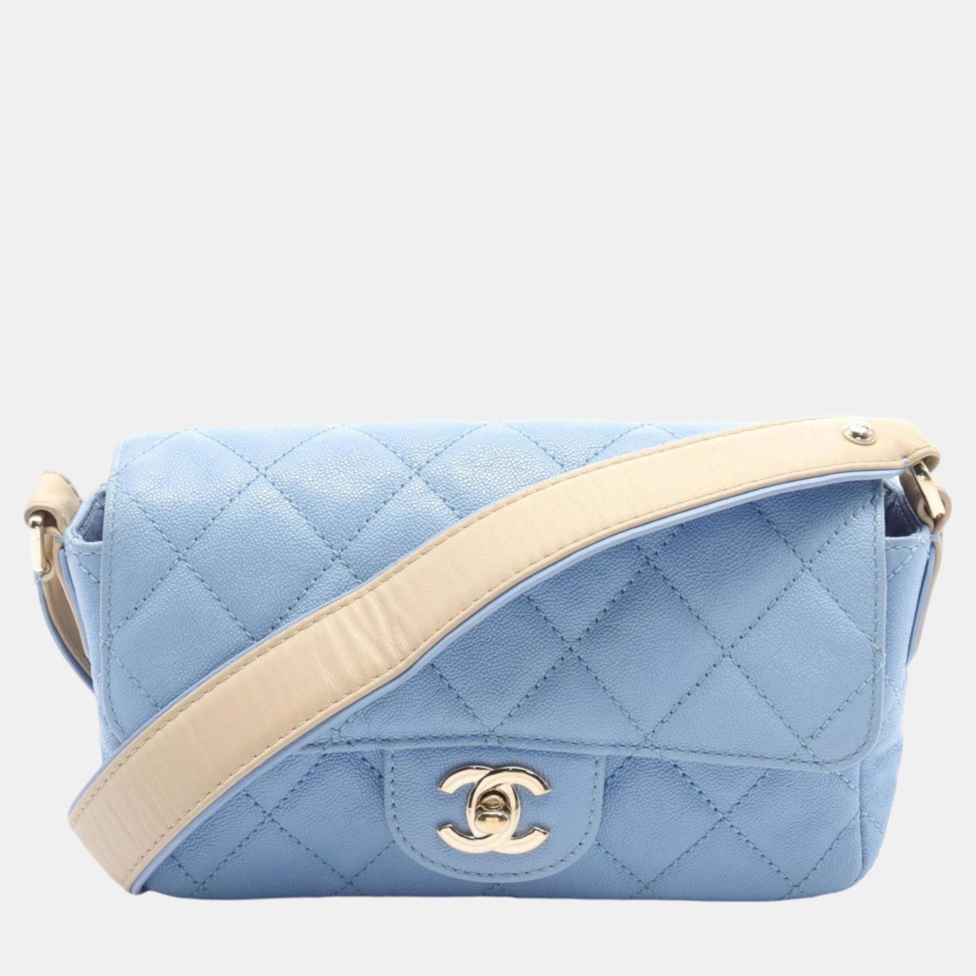 Pre-owned Chanel Blue Caviar Skin (grained Calf) Matelasse Shoulder Bag