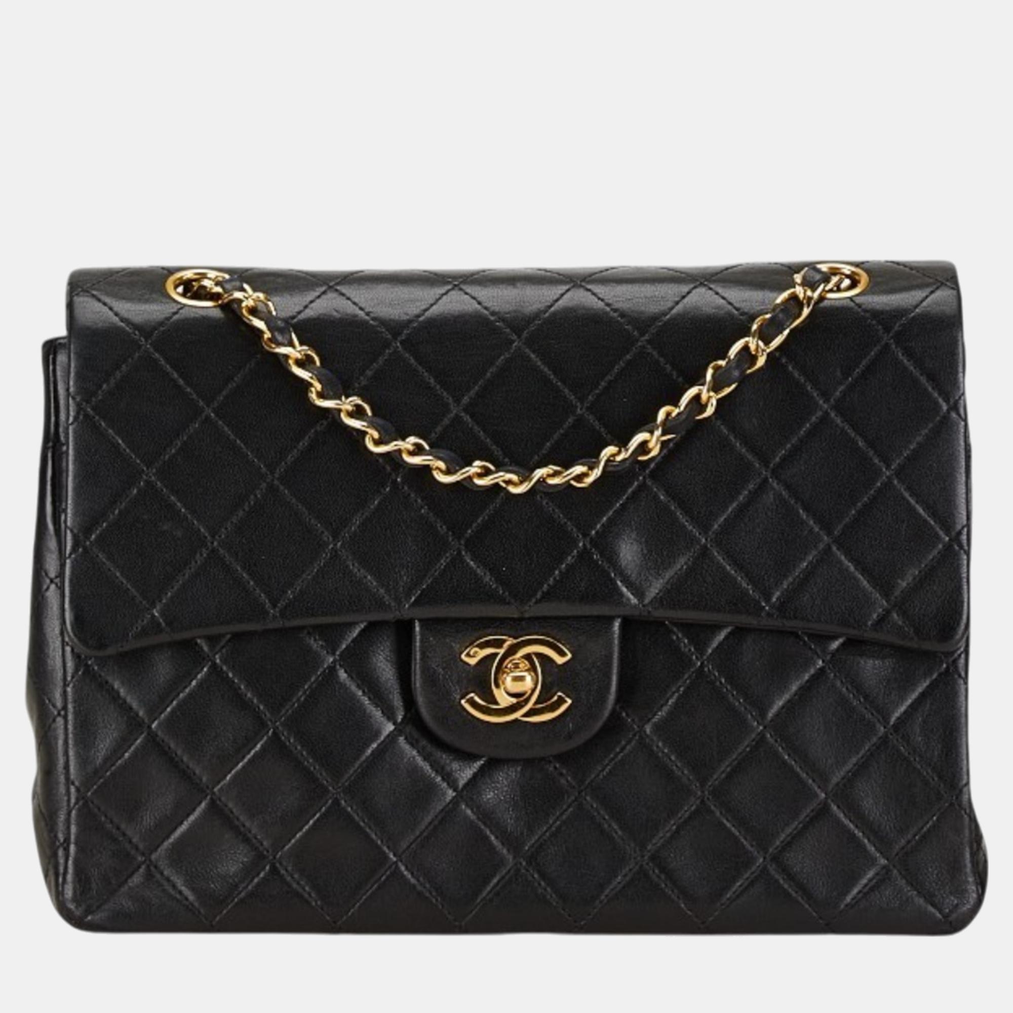 

Chanel Black Lambskin Matelasse 25 Coco Mark Double Flap Chain Shoulder Bag