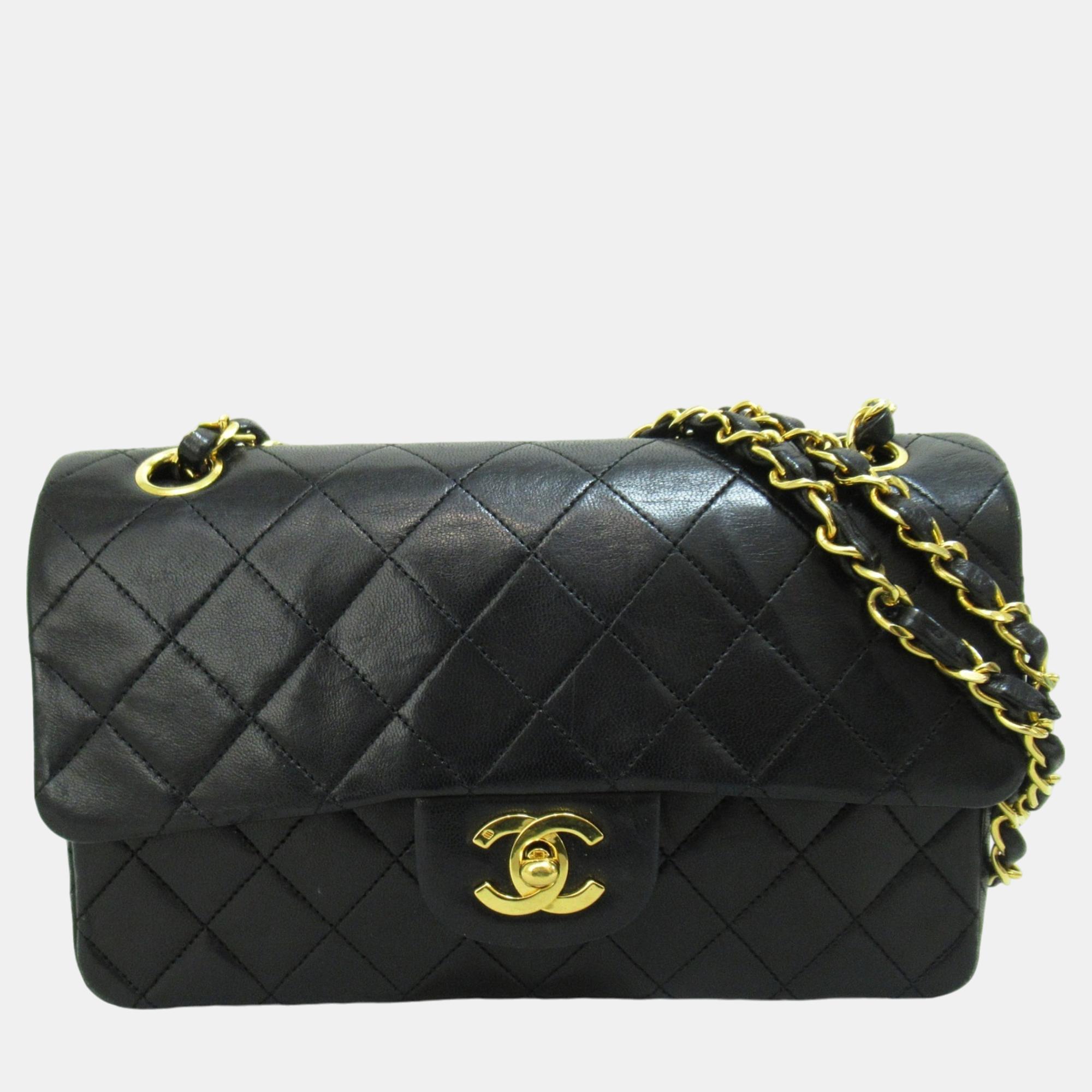 

Chanel Black Lambskin (Sheepskin) Matelasse Double Flap Chain Shoulder Bag