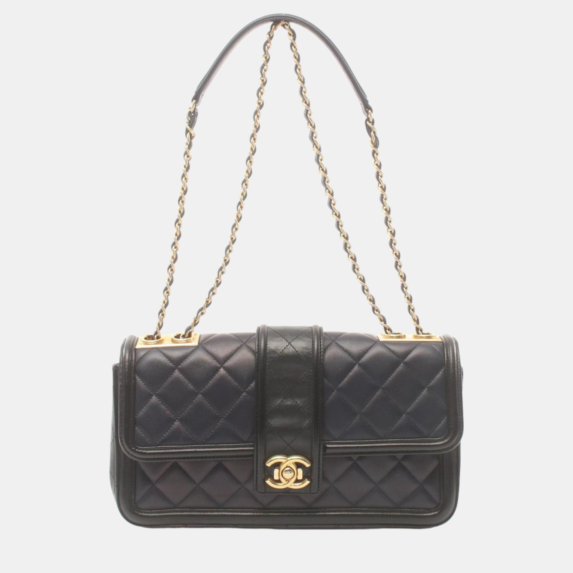 

Chanel Navy Black Lambskin Matelasse Shoulder Bag