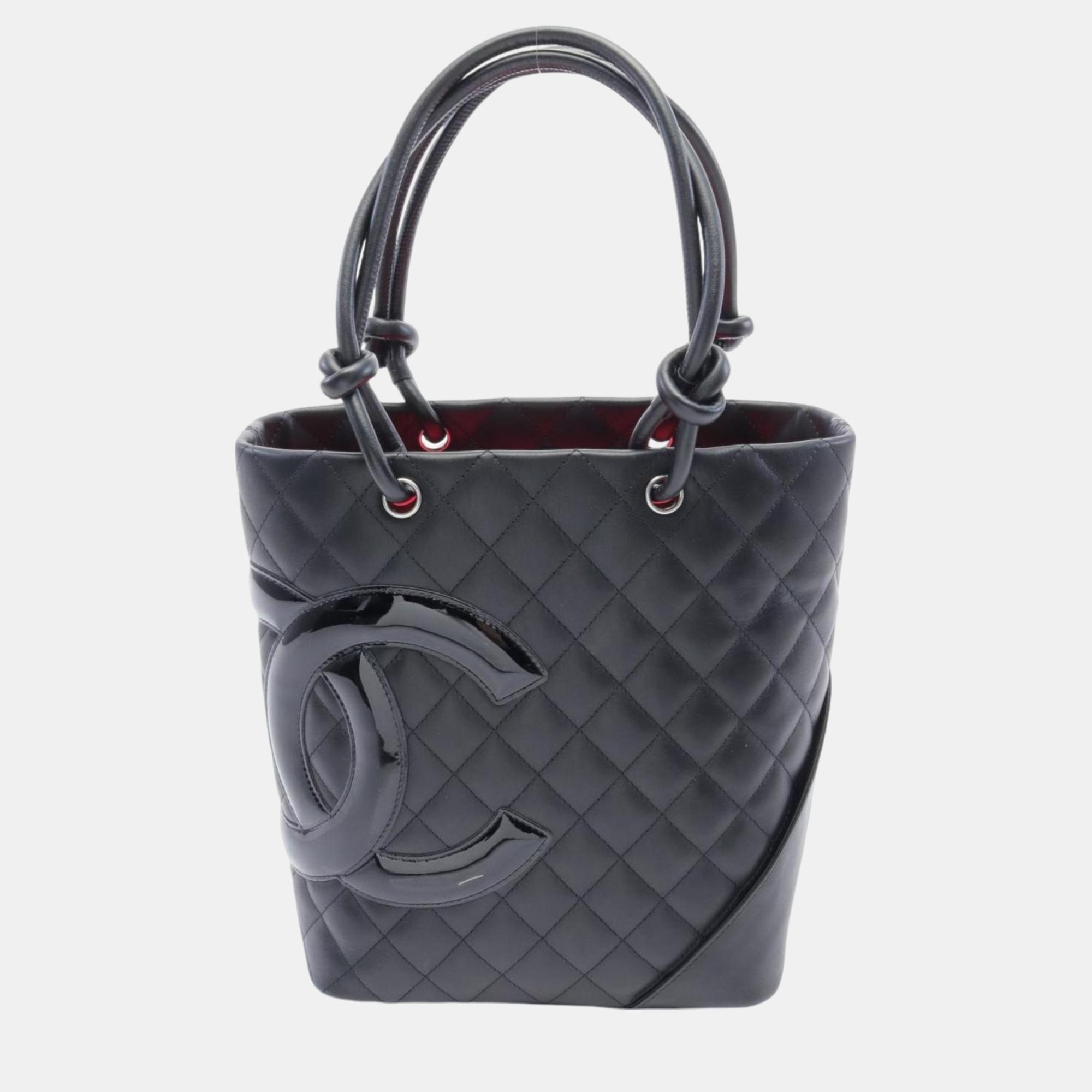 

Chanel Black Leather Patent Cambon Line Medium Tote Bag