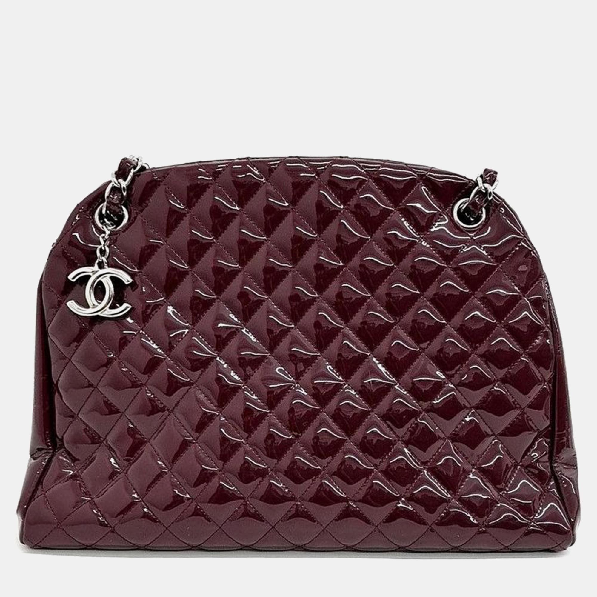 Pre-owned Chanel Patent Mademoiselle Bowling Bag In Burgundy