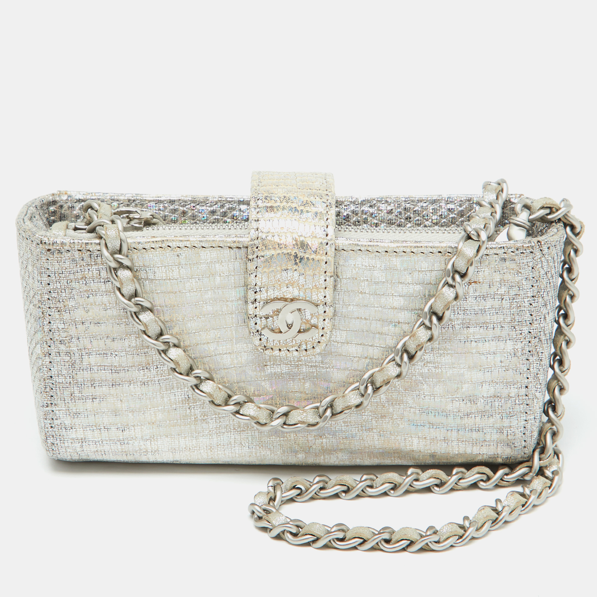 

Chanel Silver Lizard Phone Holder Chain Clutch