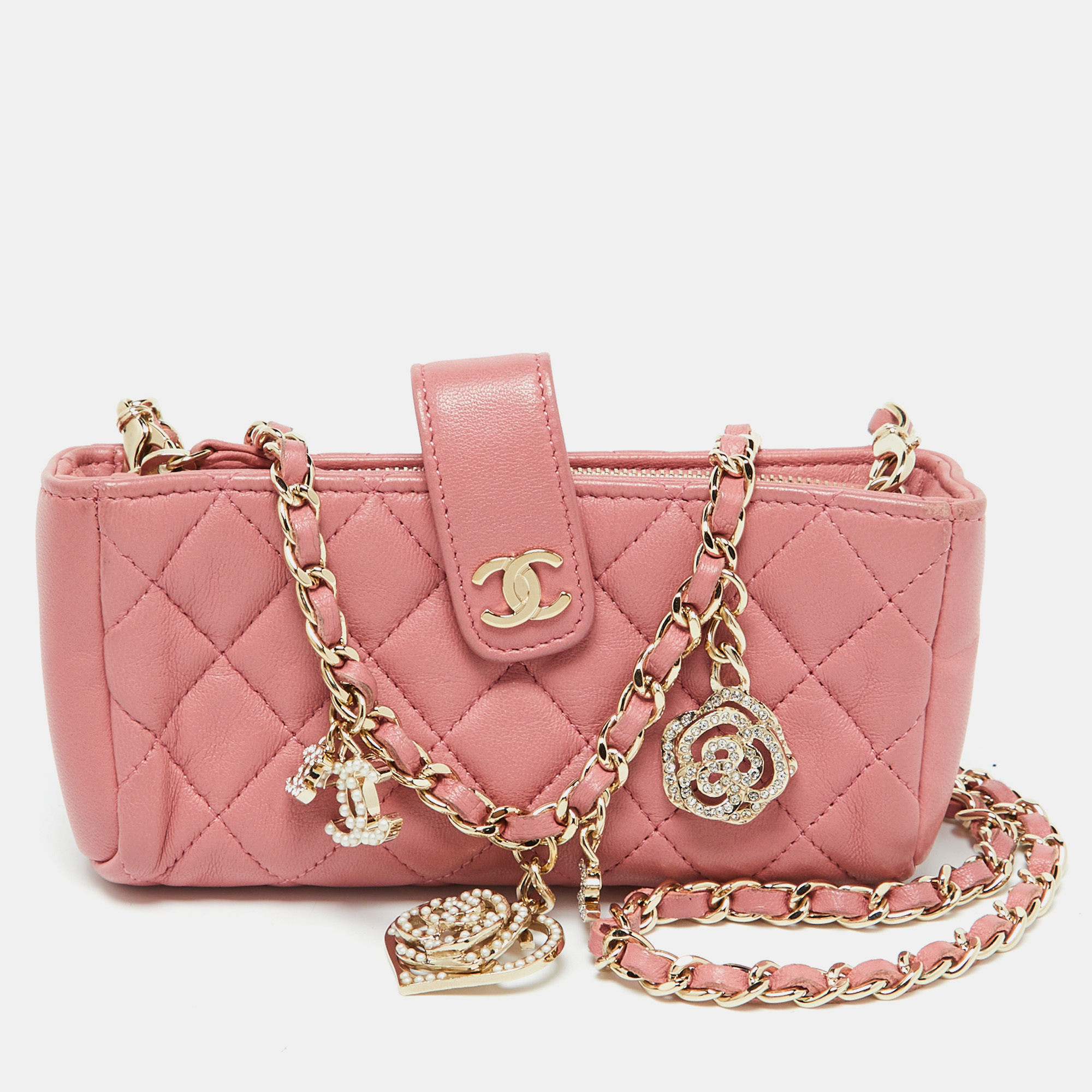 

Chanel Pink Quilted Leather Phone Holder Chain Clutch