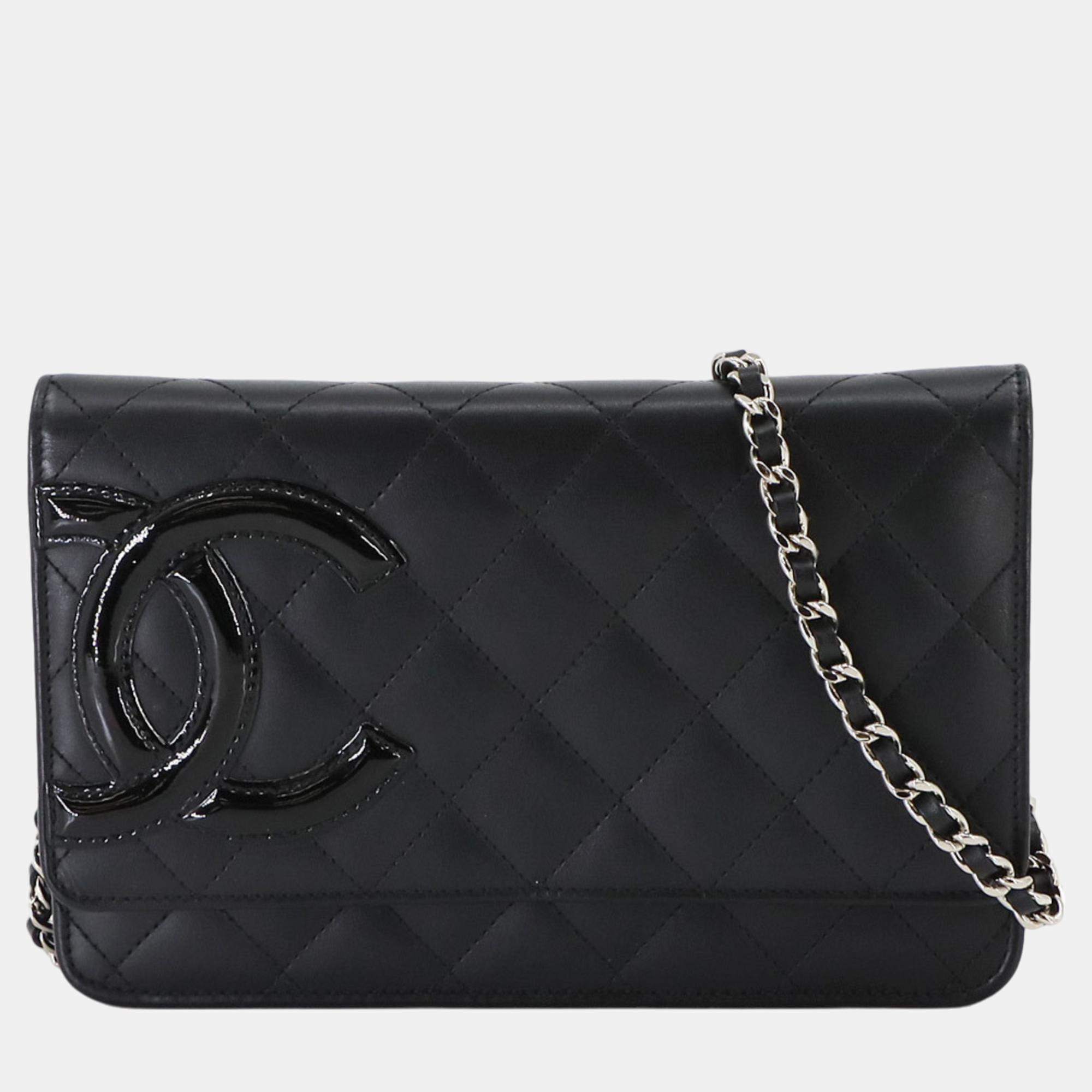 

Chanel Black Enamel Leather Cambon Line Long Bi-fold Chain Wallet