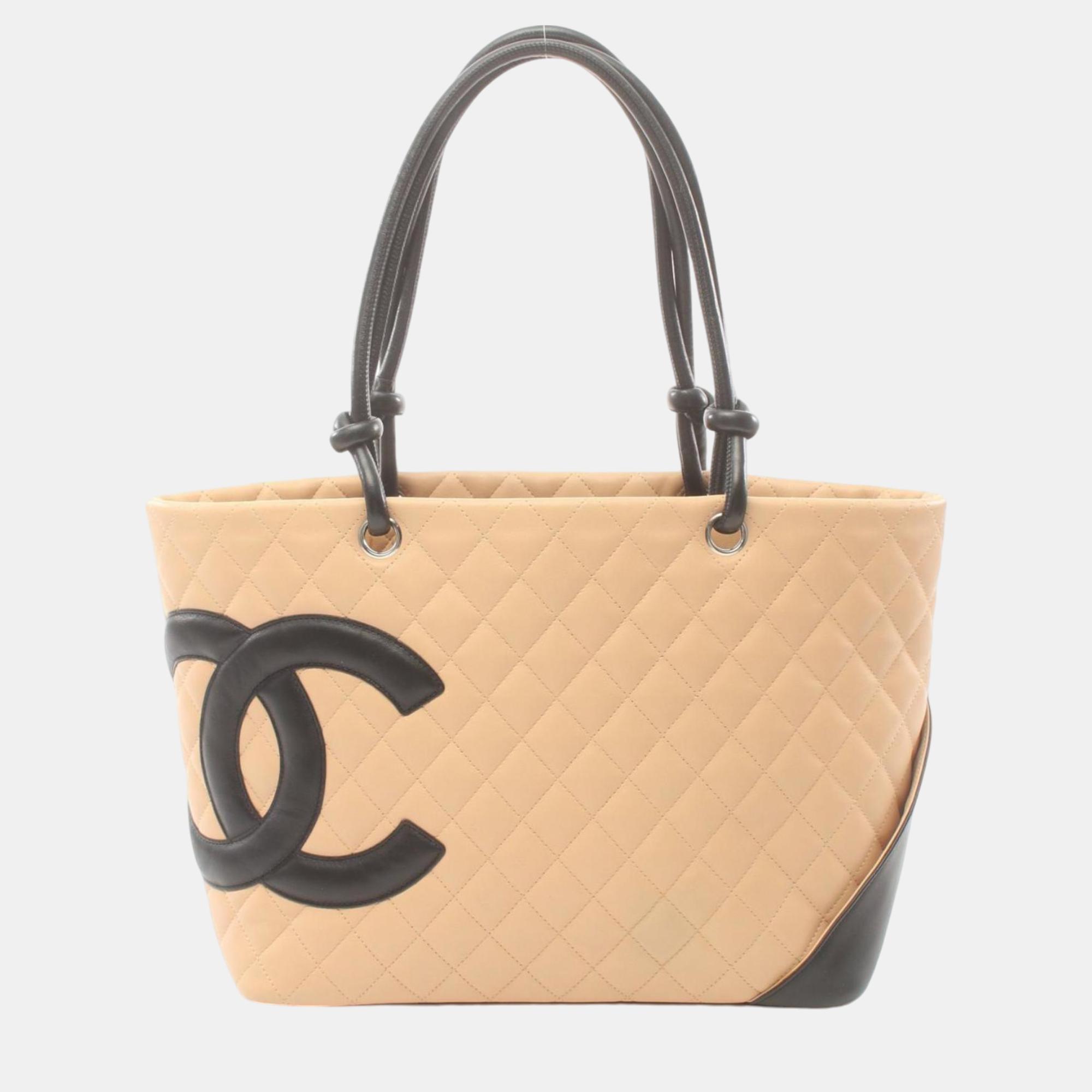 

Chanel Beige Black Leather Cambon Line Large Tote Bag