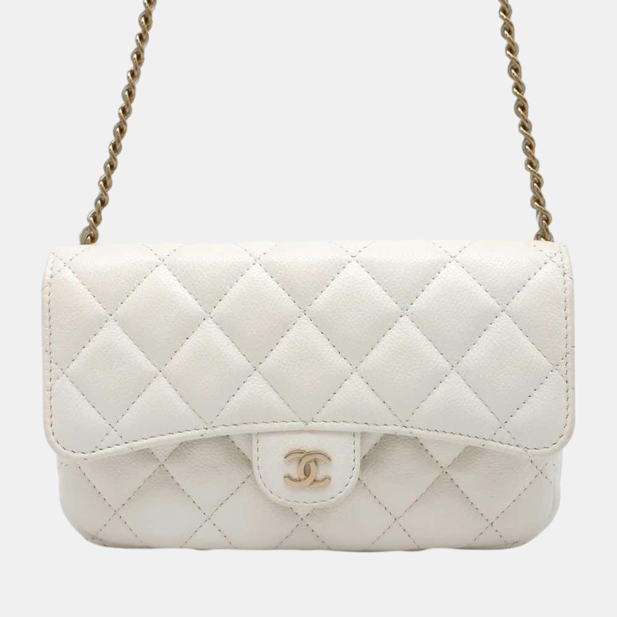 

Chanel White Caviar Skin Chain Flap Phone Case Matelasse Coco Mark Bag