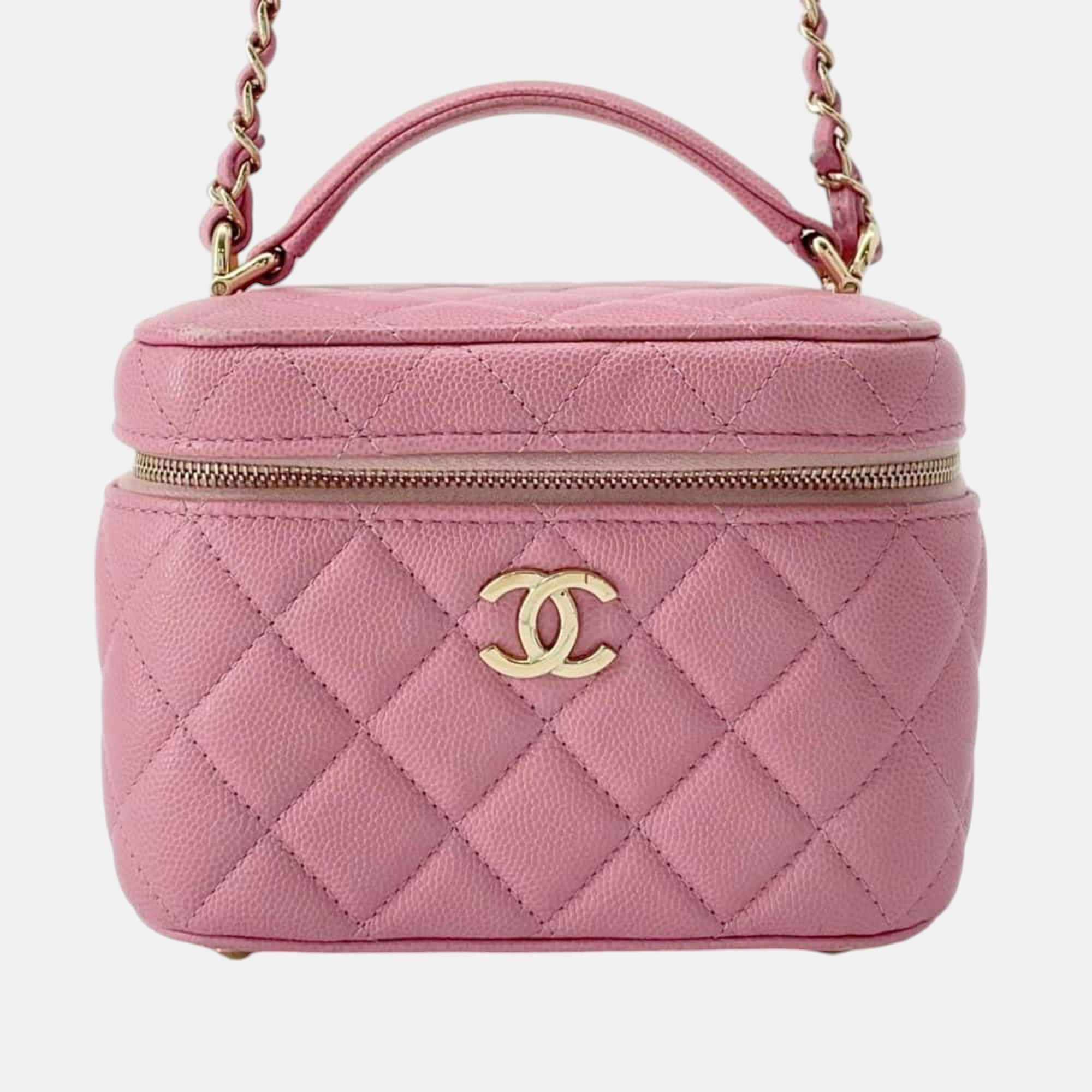 

Chanel Caviar Matelasse Coco Mark Skin Chain Vanity Bag, Pink