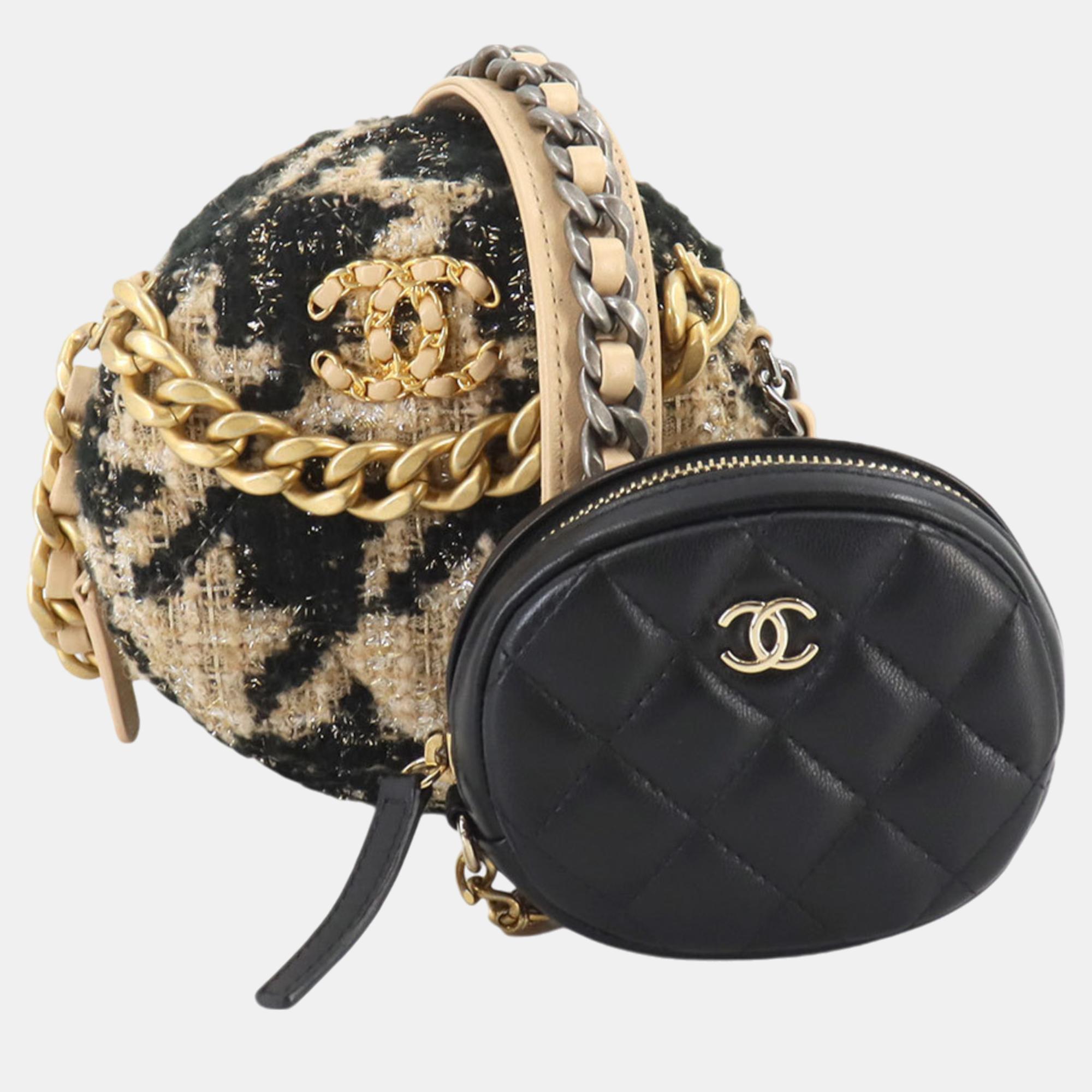 

Chanel Beige Black Houndstooth Tweed Leather Chanel 19 Round Chain Shoulder Bag