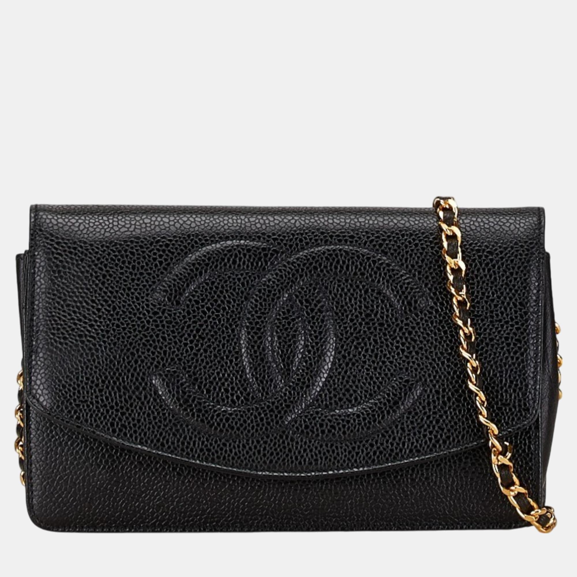 

Chanel Black Caviar Skin Leather Coco Mark Chain Wallet