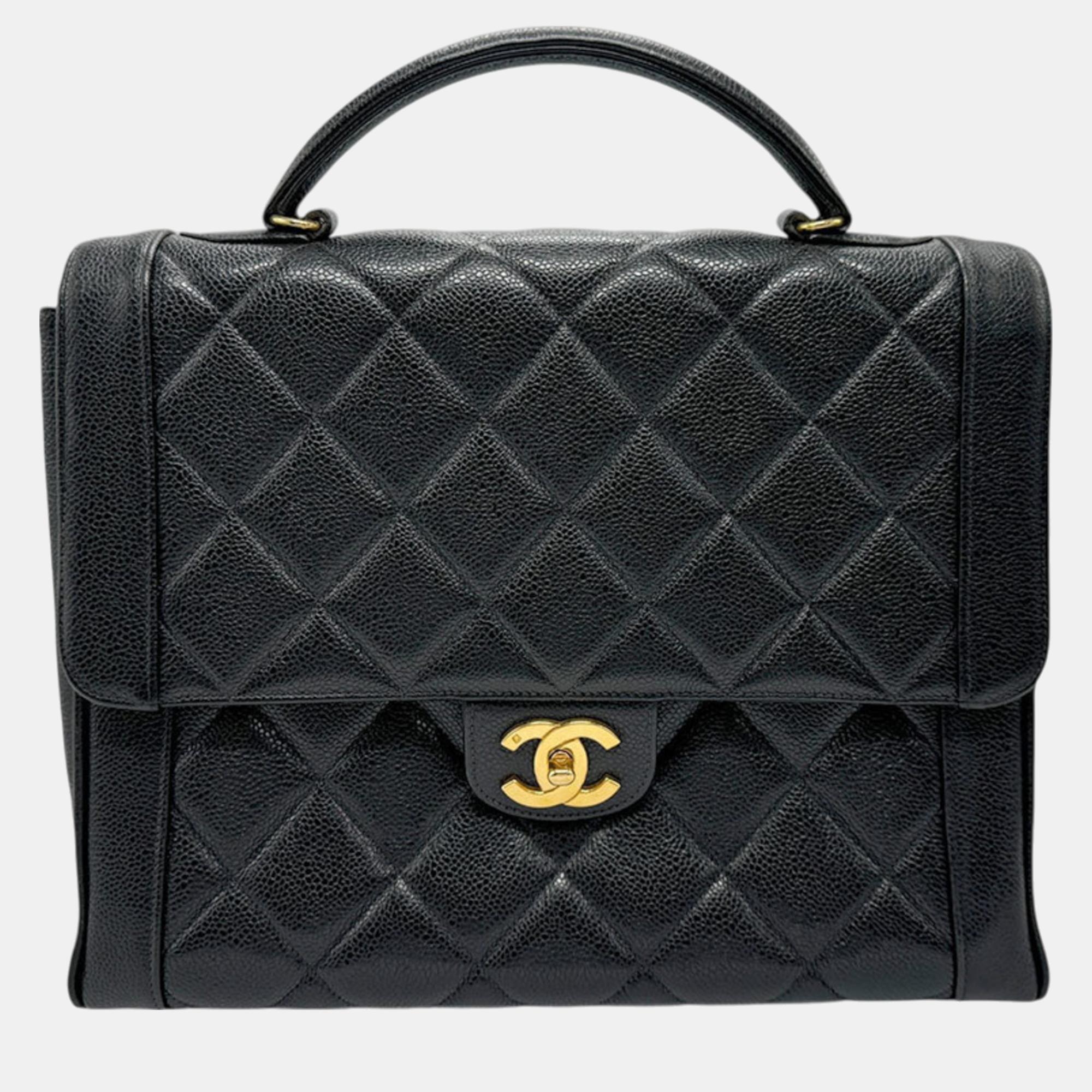 

Chanel Black Gold Caviar Skin Leather Matelasse Handbag