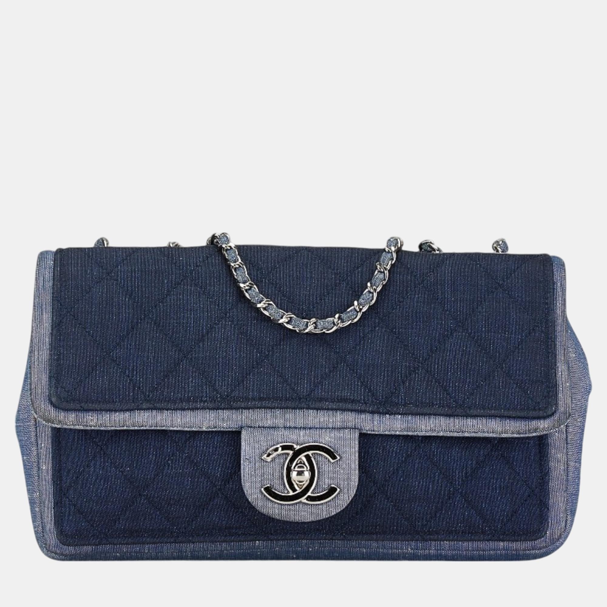 

Chanel Blue Navy Denim Matelasse 25 Coco Mark Chain Bag, Navy blue