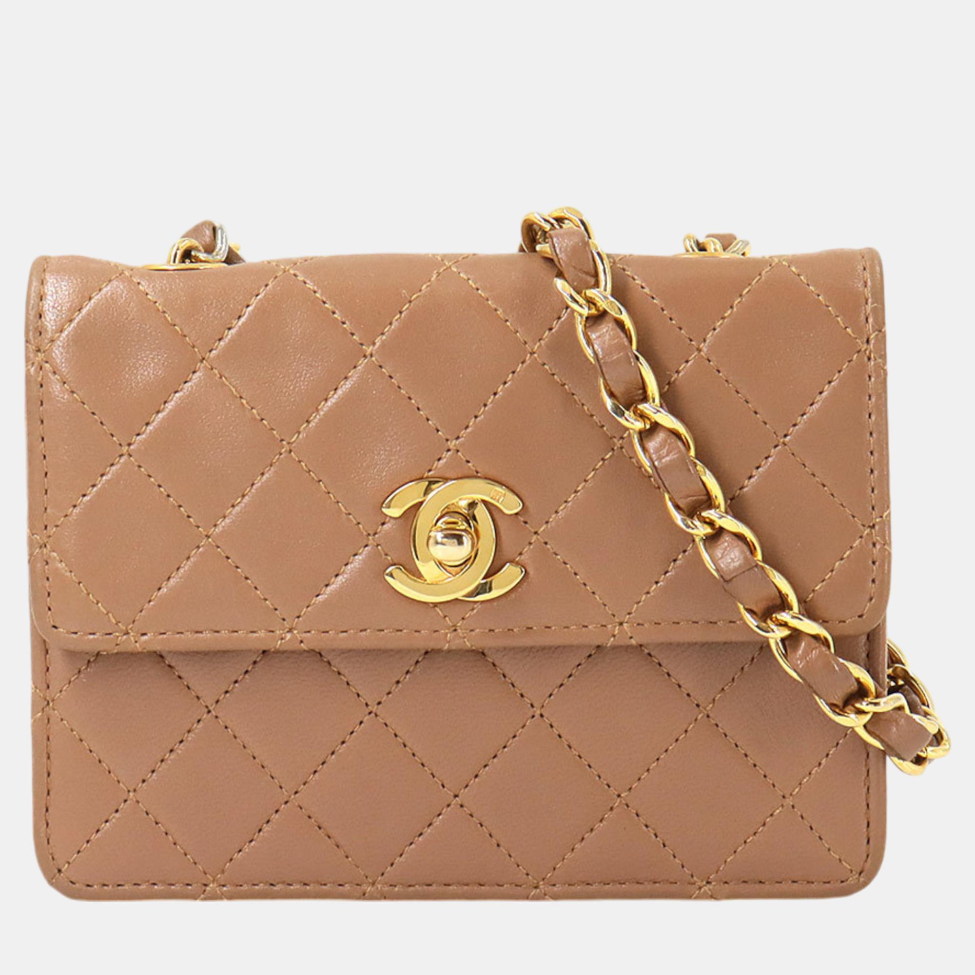 Pre-owned Chanel Pink Brown Gold Leather Matelasse Chain Shoulder Bag