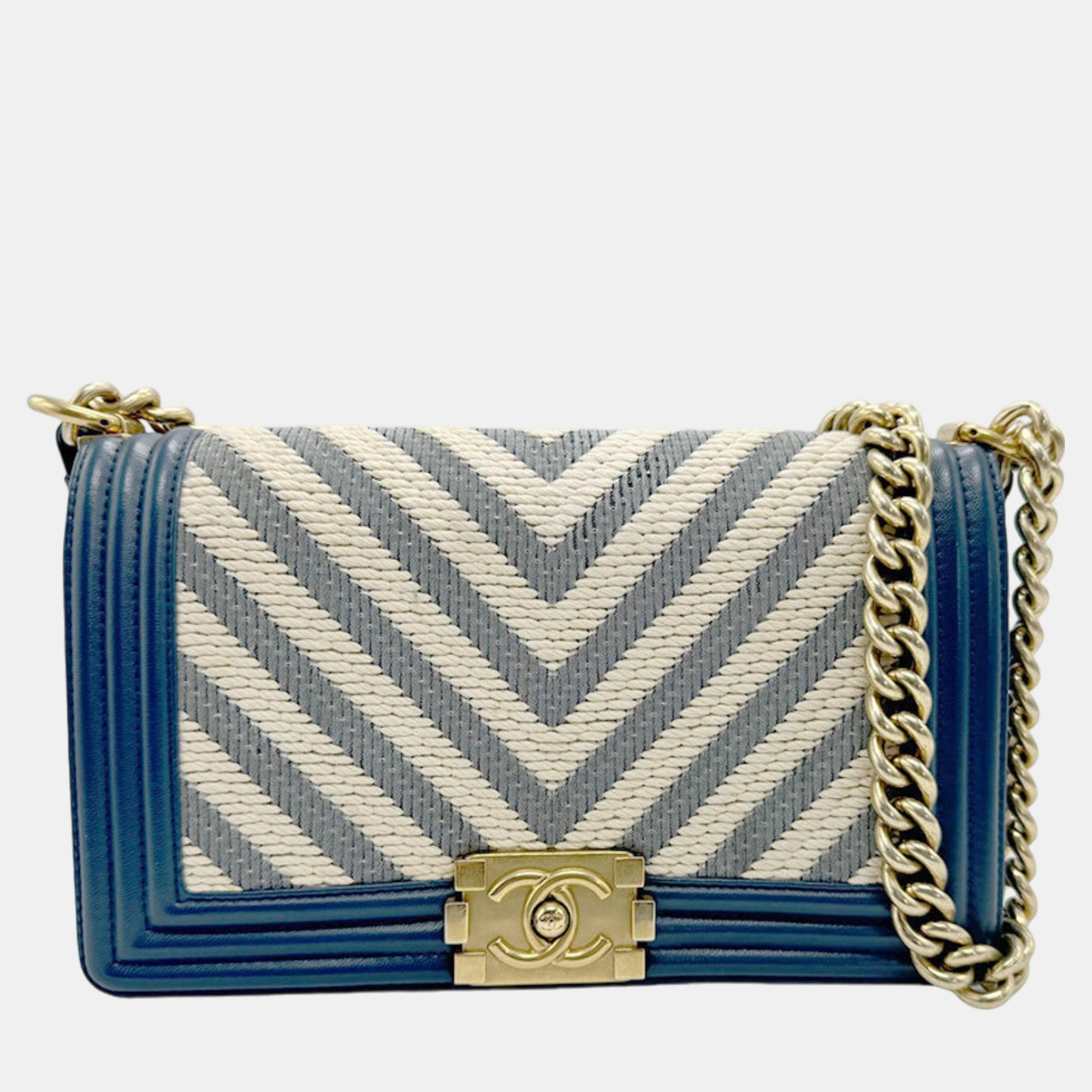 

Chanel Dark Blue Off-White Gold Leather Chevron Boy Bag