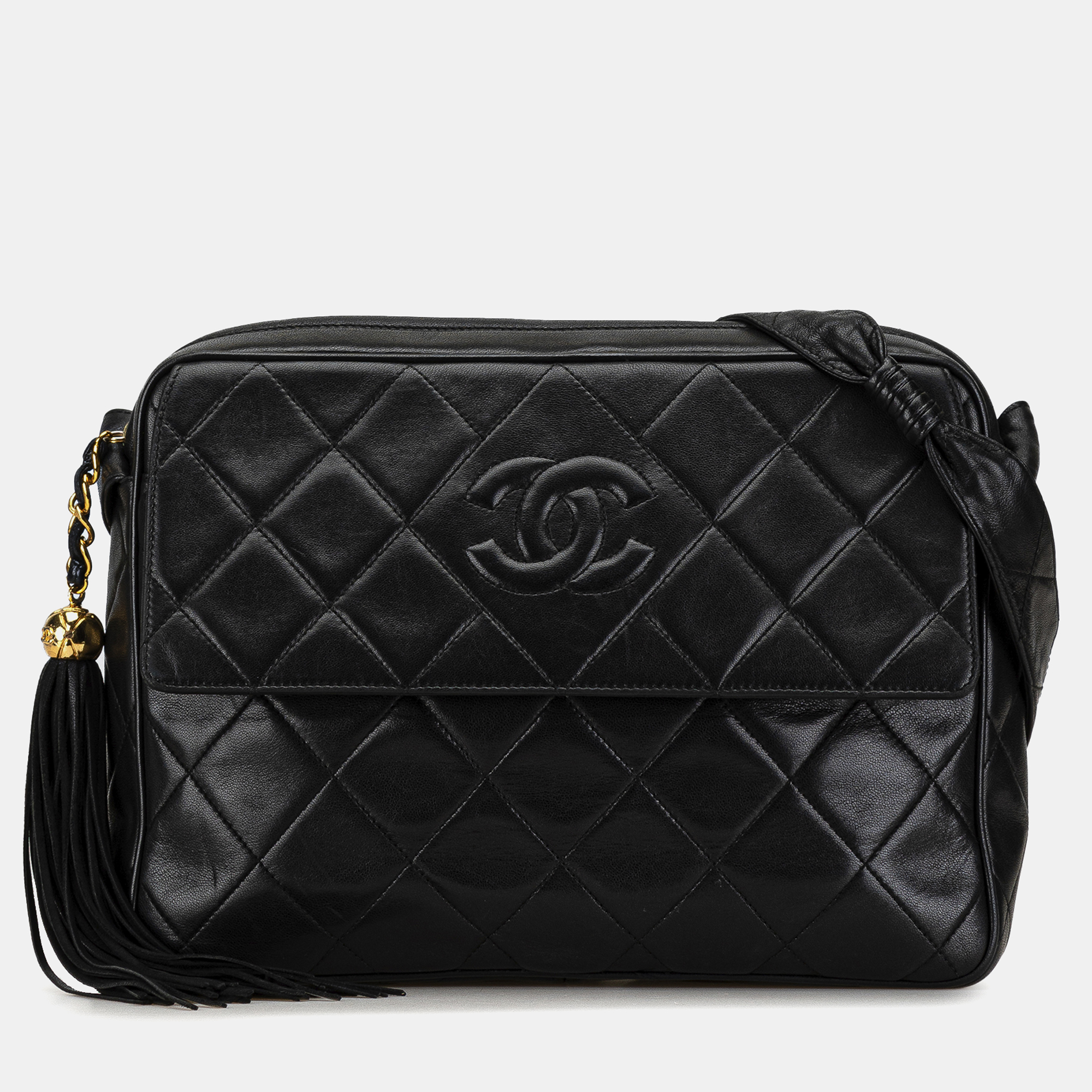 Pre-owned Chanel Cc Quilted Lambskin Tassel Camera Bag In Black