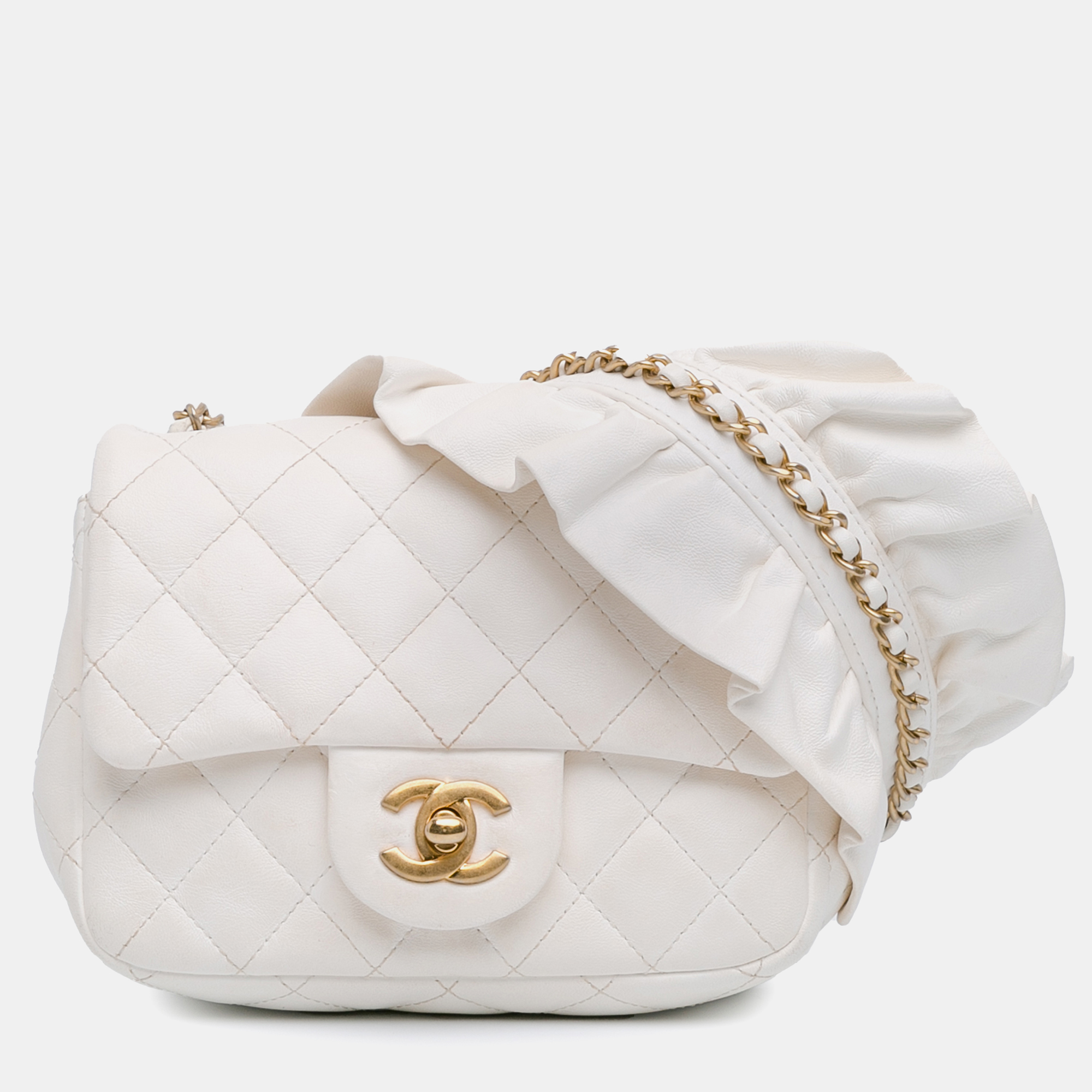 Pre-owned Chanel Mini Square Lambskin Romance Single Flap In White