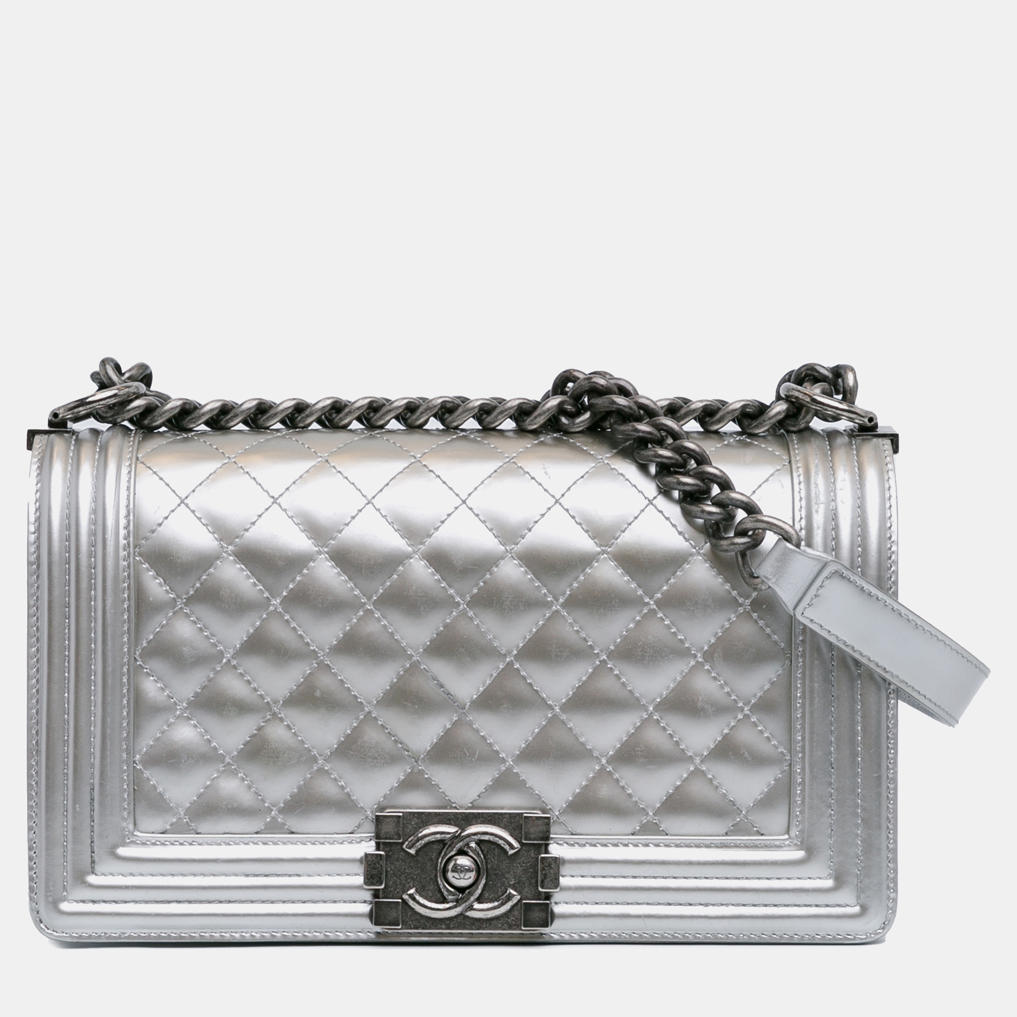 

Chanel Medium Metallic Patent Boy Bag, Silver