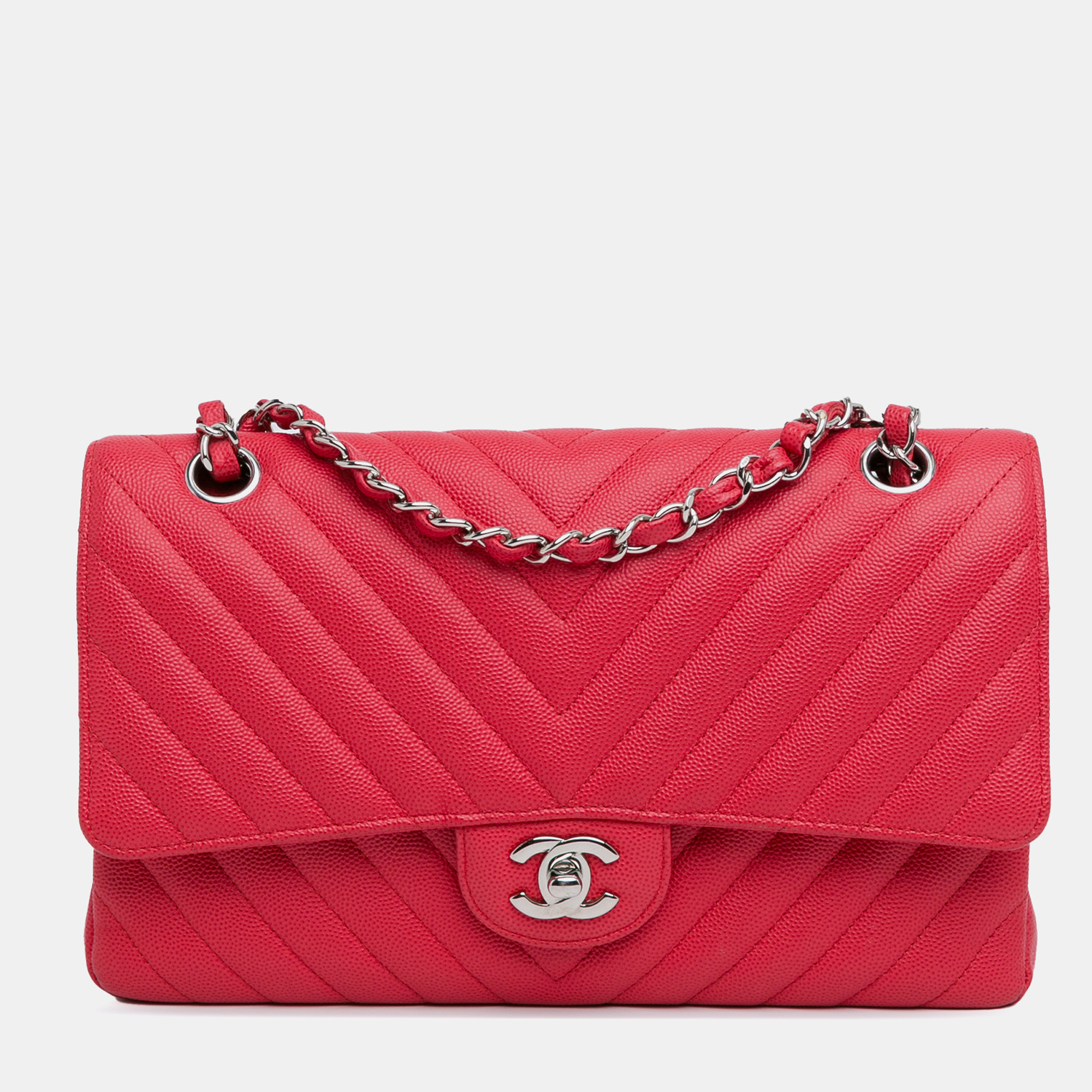 Pre-owned Chanel Medium Classic Chevron Caviar Double Flap Bag In Red