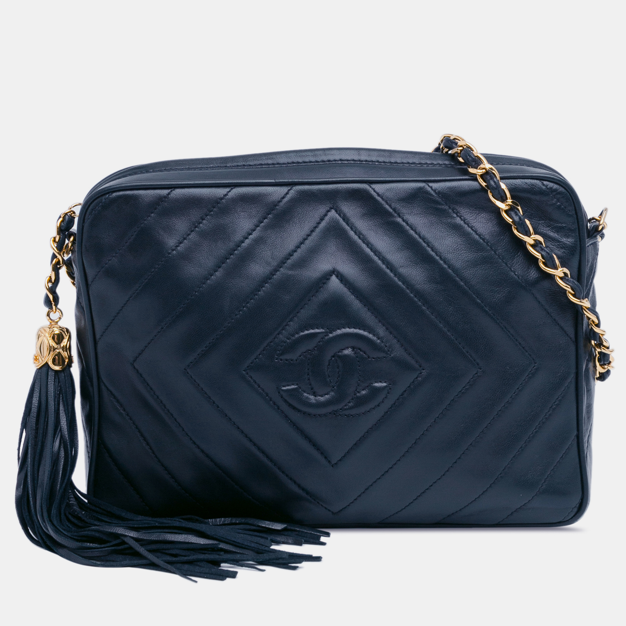 

Chanel CC Diamond Quilted Lambskin Tassel Crossbody Bag, Navy blue