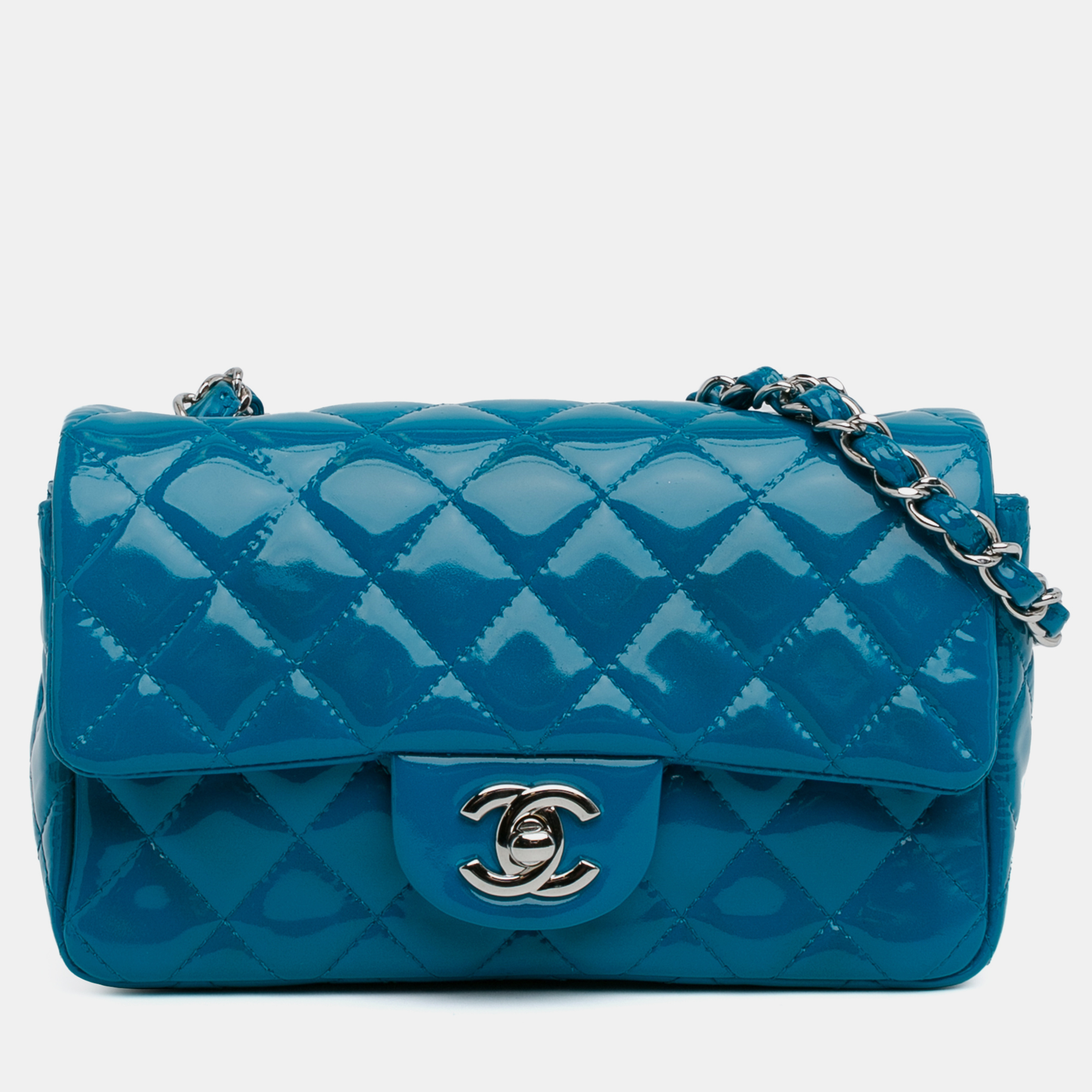 

Chanel Blue Patent Rectangular Mini Classic Single Flap Bag