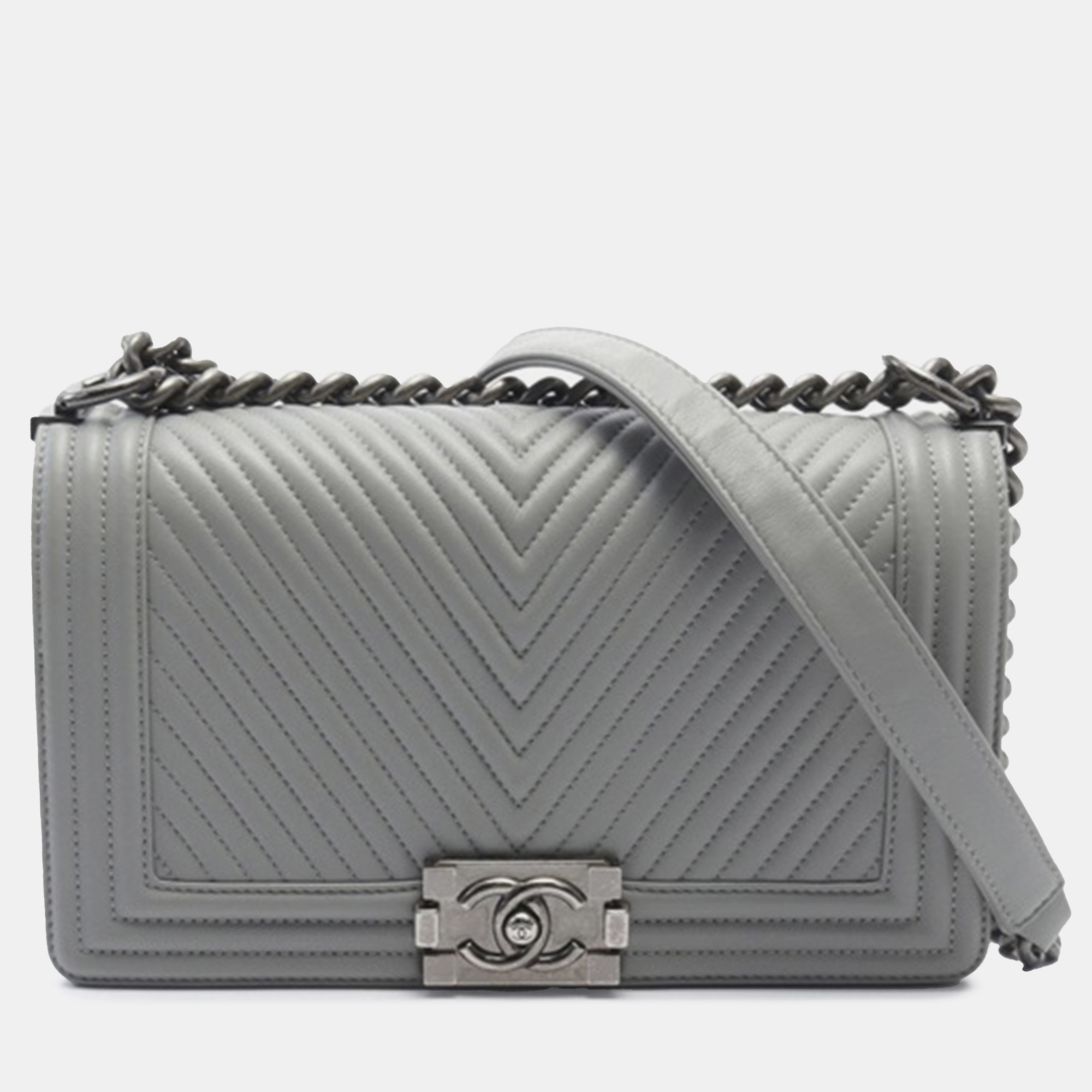 

Chanel Medium Calfskin Chevron Boy Flap Bag, Grey