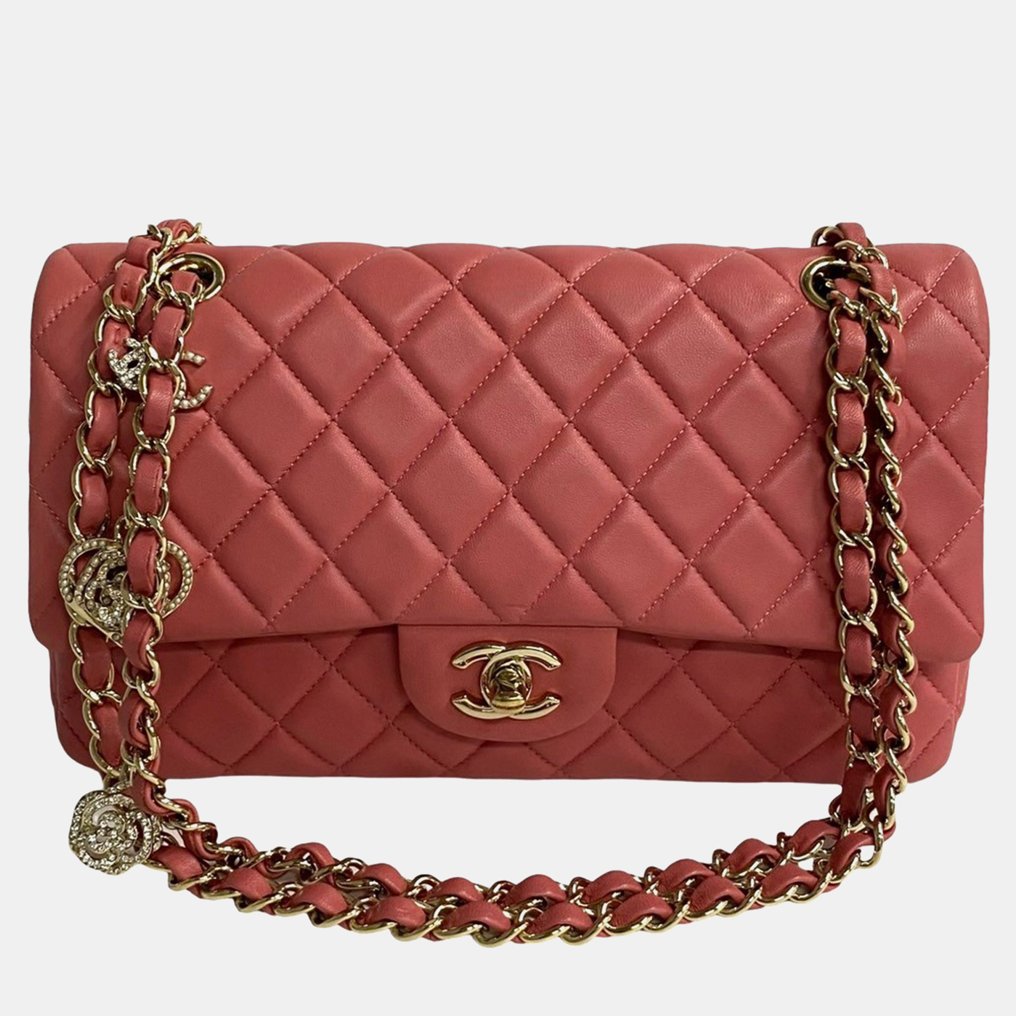 

Chanel Pink Leather  Classic Single Flap Charms Shoulder Bag